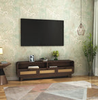 Sheesham Wood TV Cabinet Stand With 3 Cane Drawers And 2 Shelves - Walnut Finish