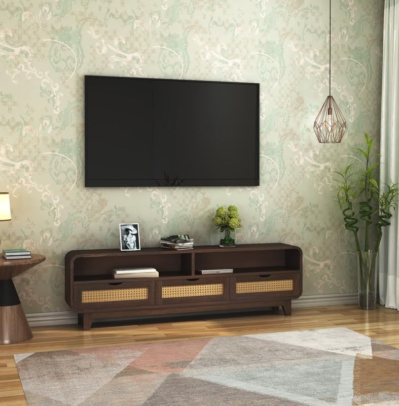Sheesham Wood TV Cabinet Stand With 3 Cane Drawers And 2 Shelves - Walnut Finish