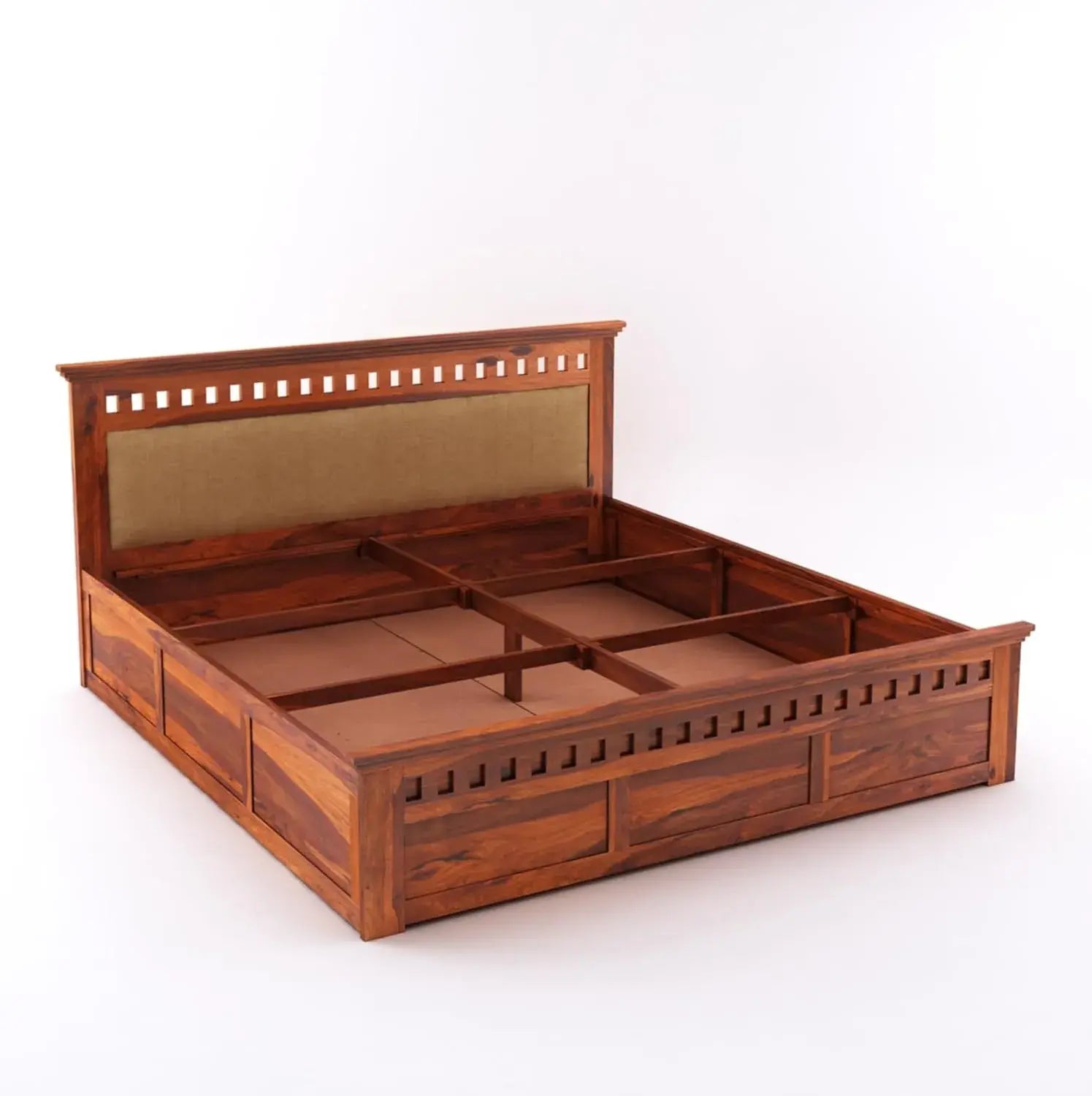 Wood King Size Hydraulic Storage Double Bed Cot Palang - Cream And Honey
