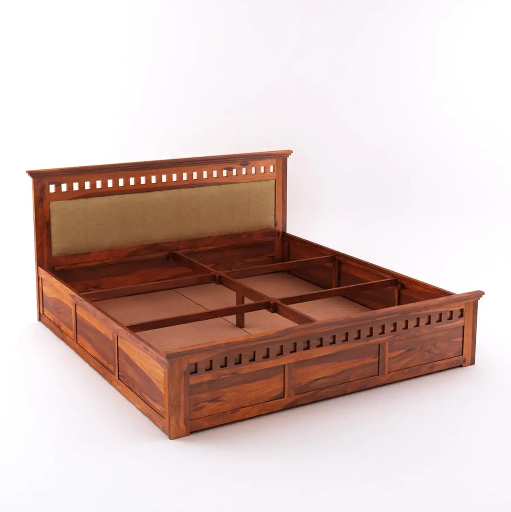 Queen Size Box Storage Double Bed Cot Palang - Cream And Honey