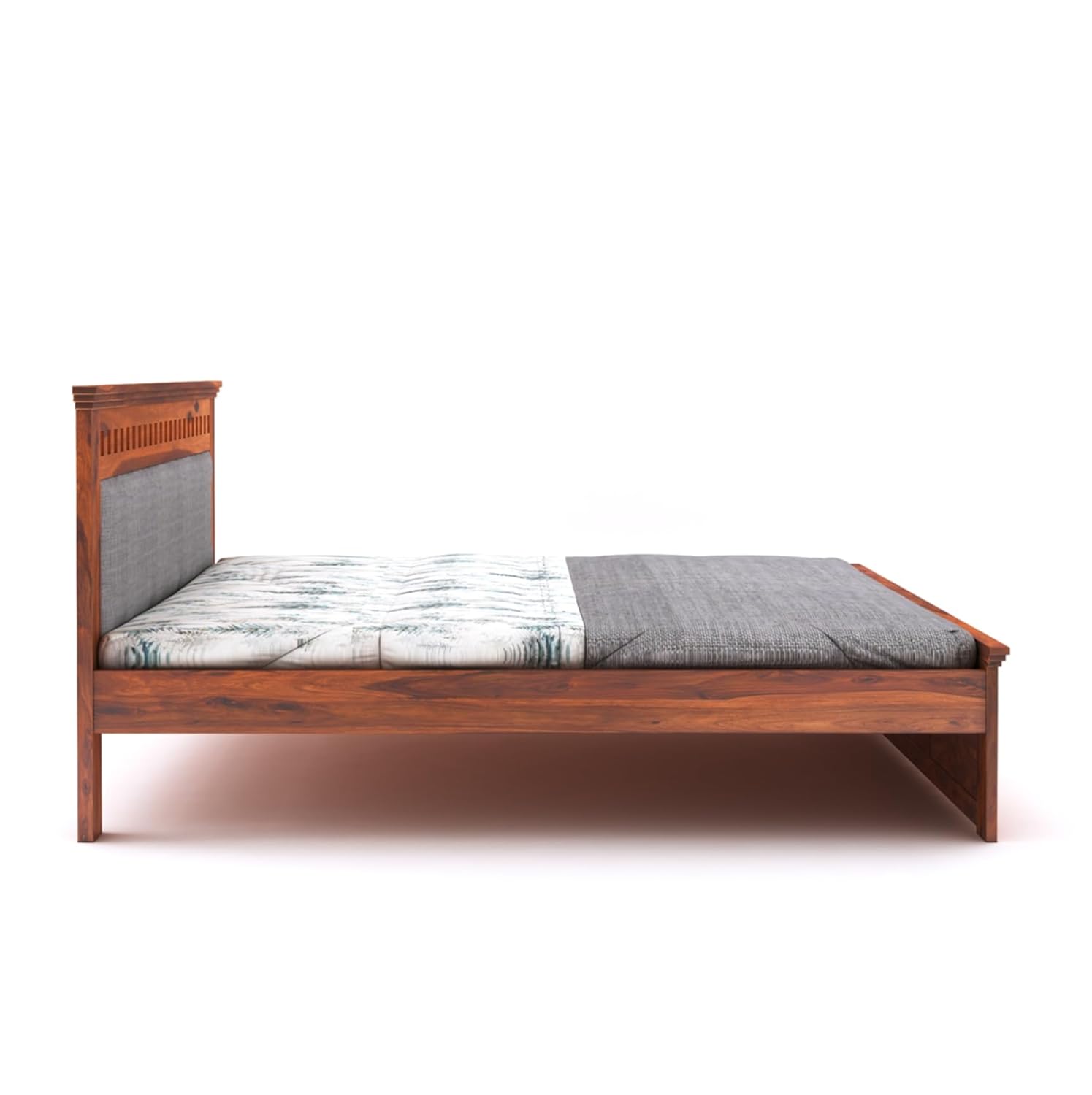 Sheesham Wood Kuber King Size Bed Without Storage Wooden Headboard Cushion Cot Double Bed Furniture for Bedroom Living Room Home