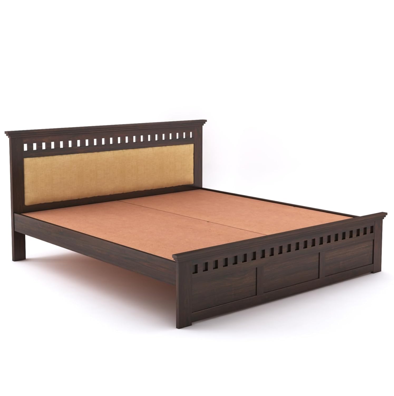 Sheesham Wood Kuber King Size Bed Without Storage Wooden Headboard Cushion Cot Double Bed Furniture for Bedroom Living Room Home