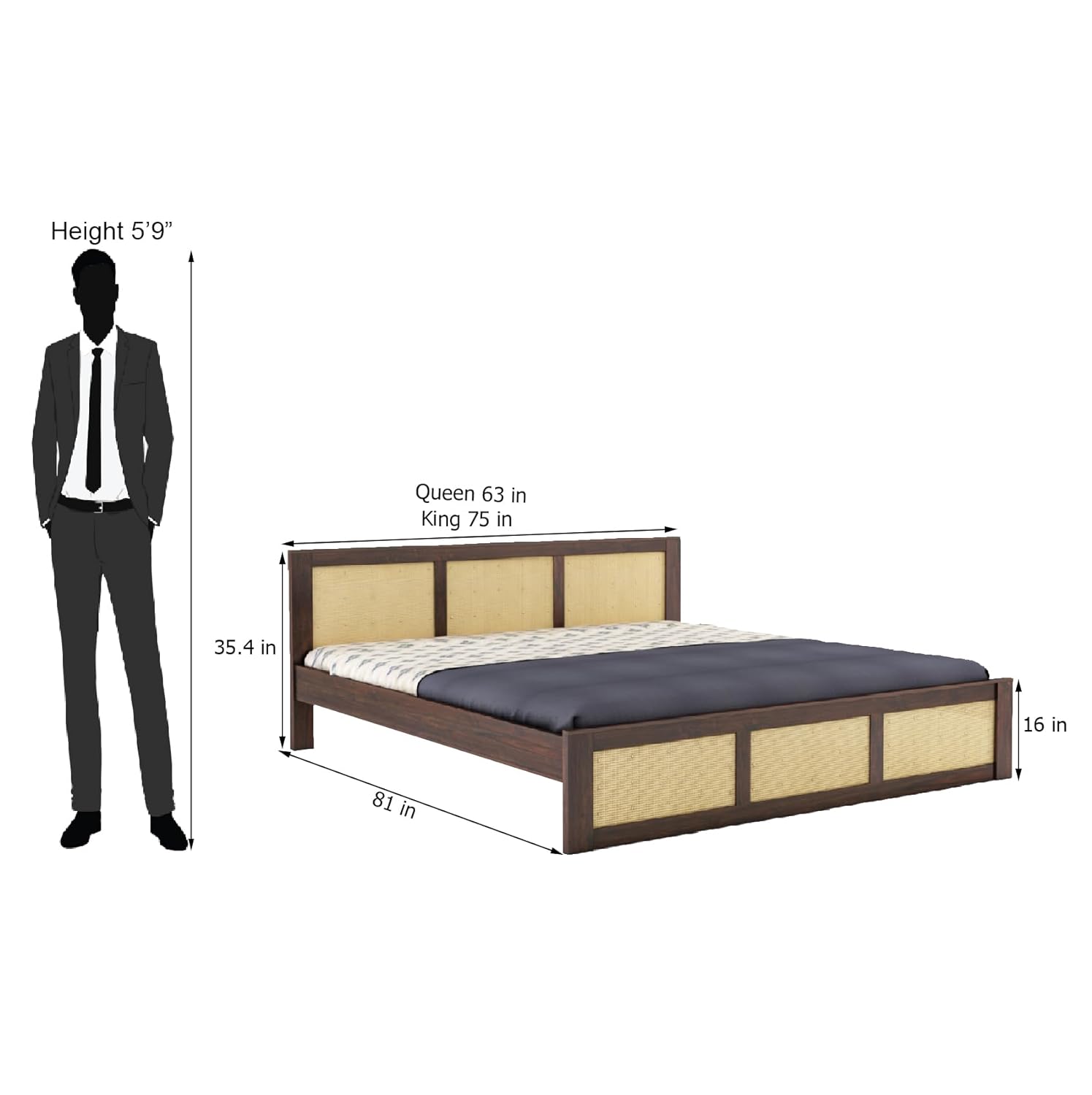 Wood King Size Cane Bed Without Storage - Walnut Finish