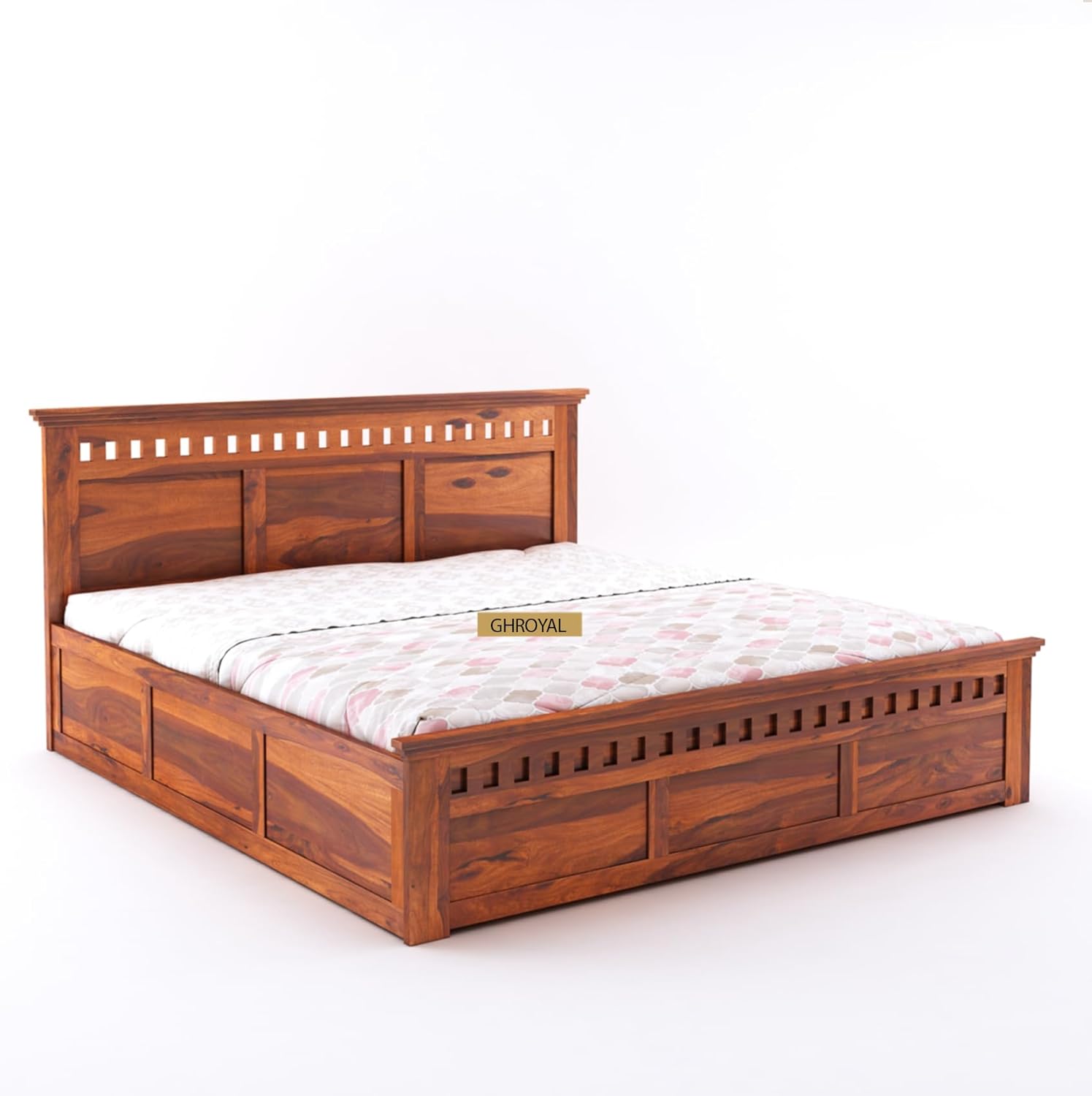 Goyal Handicraft Sheesham Wood Crafter King Size Bed with Hydraulic Storage for Bedroom Home Wooden Double Bed Cot Palang for Living Room and Hotels (Honey Finish) | 1 Year Warranty