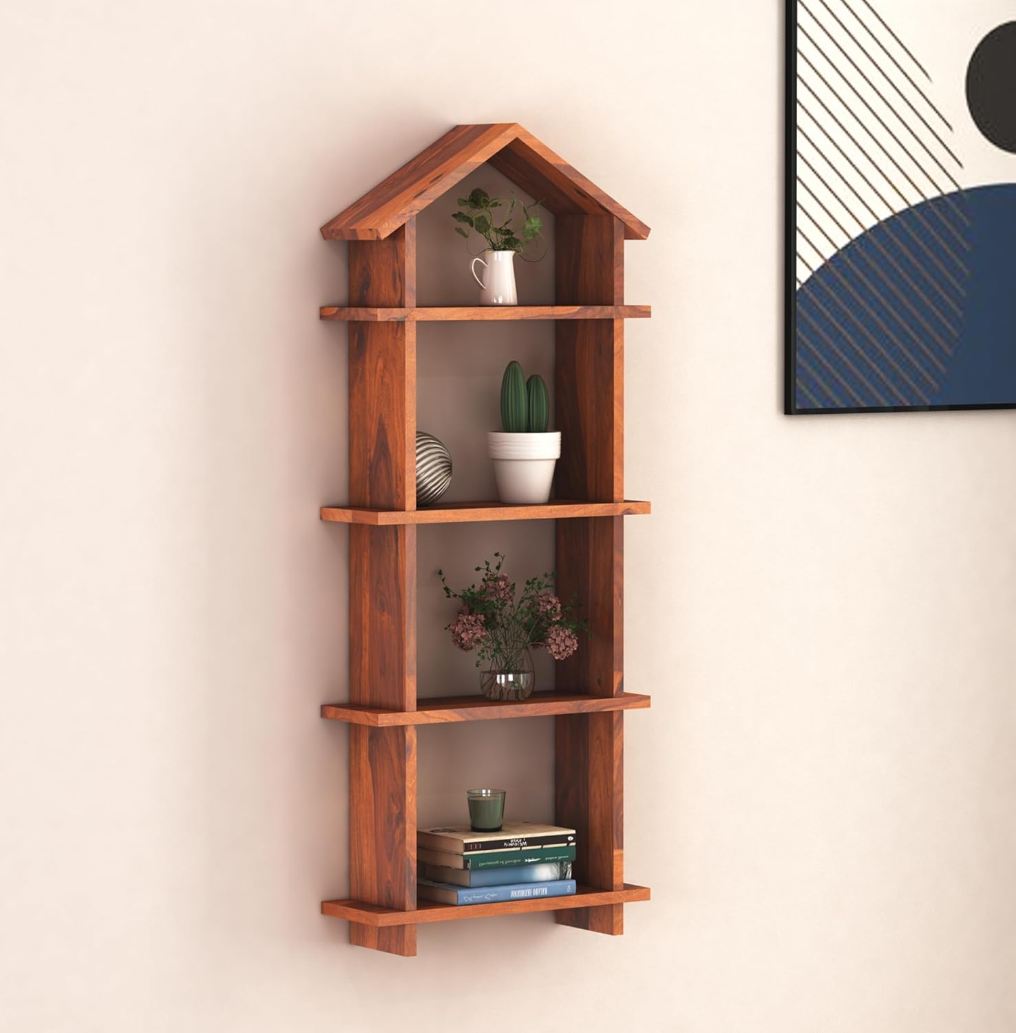 Goyal Handicraft Sheesham Wood Hut Shape Wall Shelves Wall Mounted Display Rack Storage Organizer Corner Hanging Shelf for Living Room Bedroom Home Office Décor (Honey Finsh)