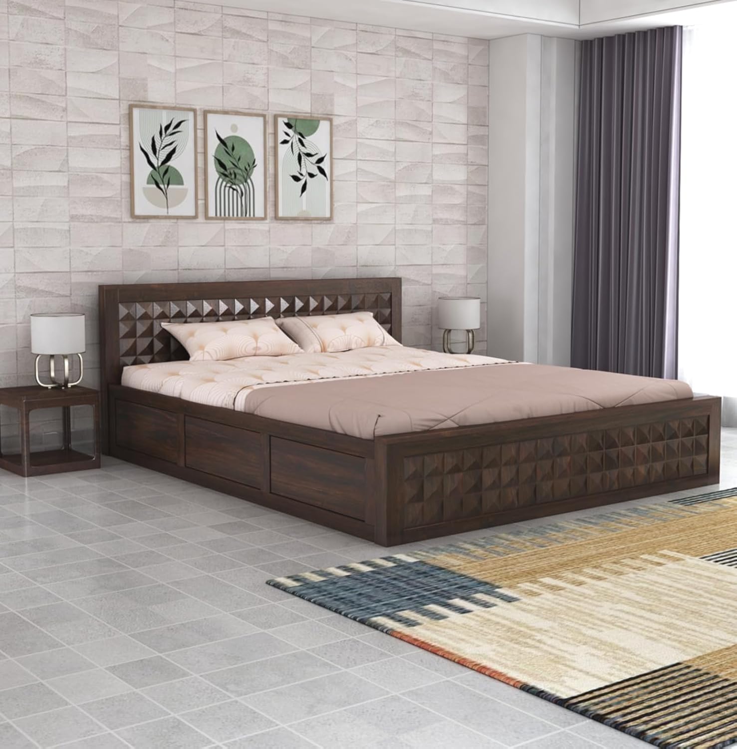 Sheesham Wood King Size Bed with Box Storage and Headboard | Durable Wooden Double Bed Cot Palang Furniture for Bedroom, Living Room, Guest Room, Hotels and Home