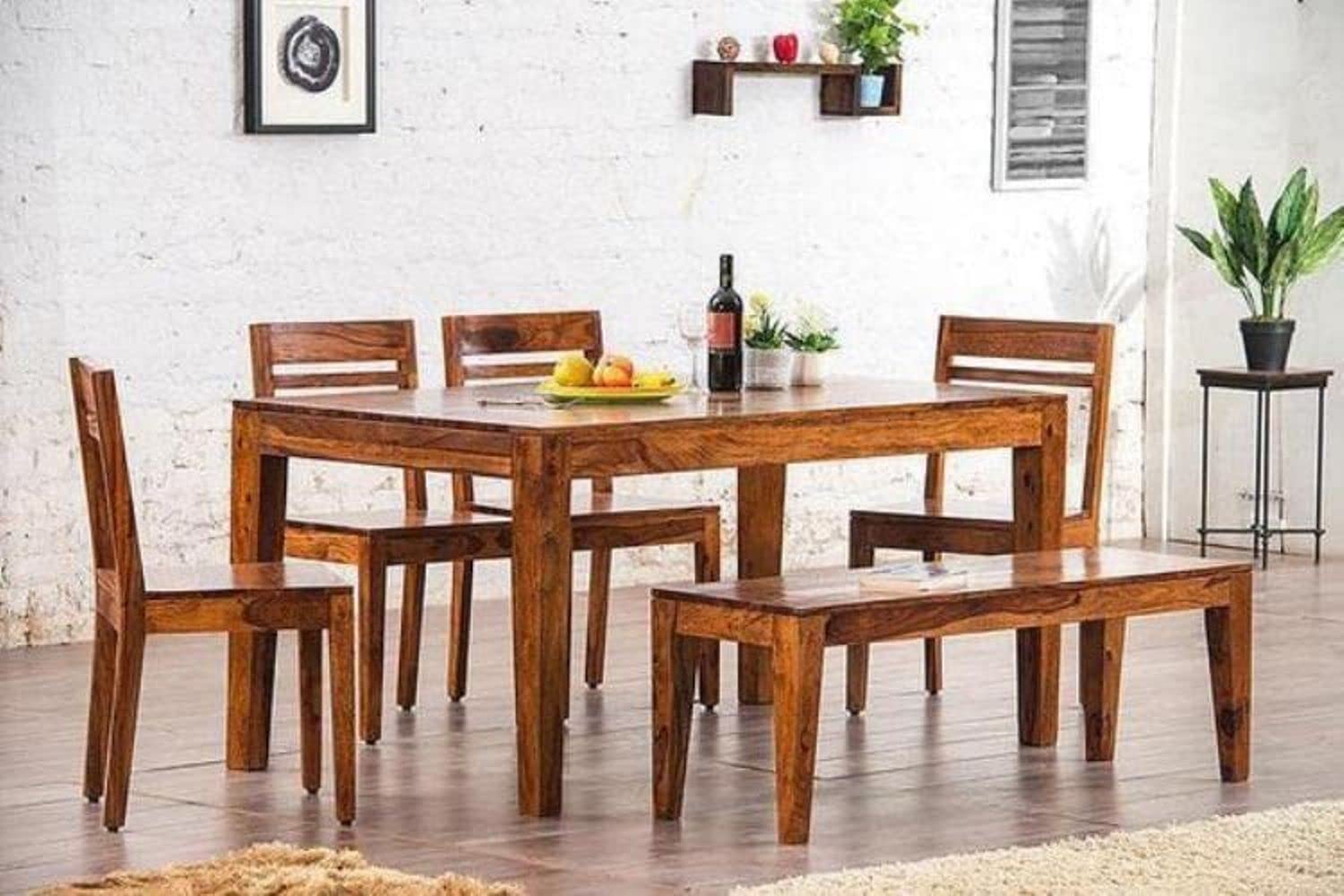 Goyal Handicraft Solid Sheesham Wood 6 Seater Dining Table with 4 Chairs and Bench Wooden Dinner Table Furniture Set for Living Room Hall Home & Office (Honey Finish)