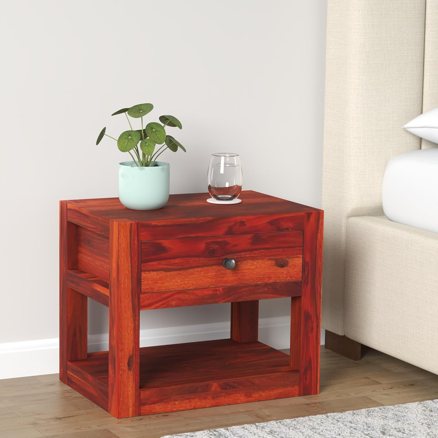 Goyal Handicraft Sheesham Wood Bedside Table with One Drawer Storage for Bedroom Living Room Home Office Nightstand, Sofa Side Table, End Table Furniture (Honey Finish)