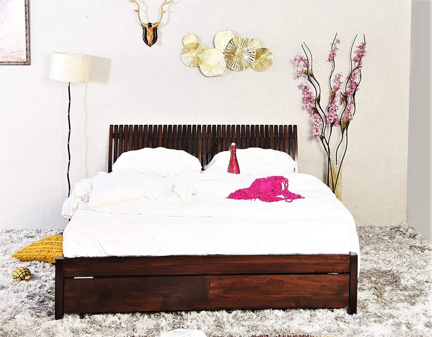 Queen Size Bed For Bedroom With Storage | Dark Brown Finish
