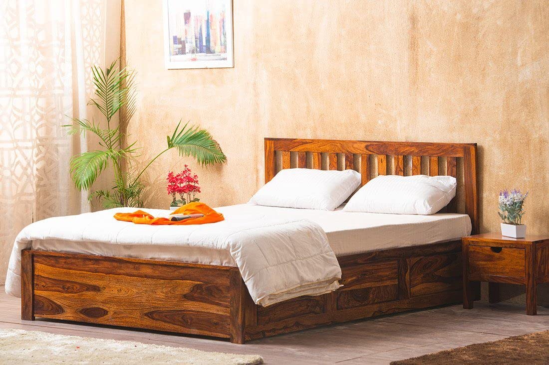 Sheesham Wood Queen Size Bed with Box Storage for Bedroom Living Room Home Hotel Wooden Double Bed Cot Palang Furniture