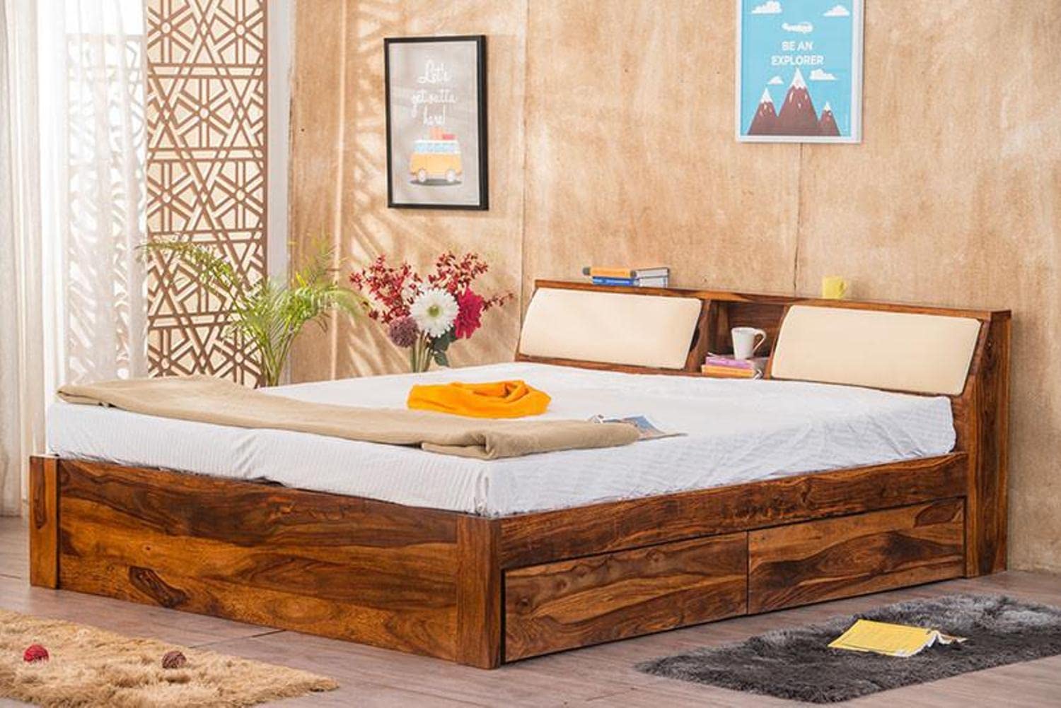 Sheesham Wood King Size Bed with Drawer Storage for Bedroom Living Room Hotel Home Furniture Wooden Double Bed Cot Palang