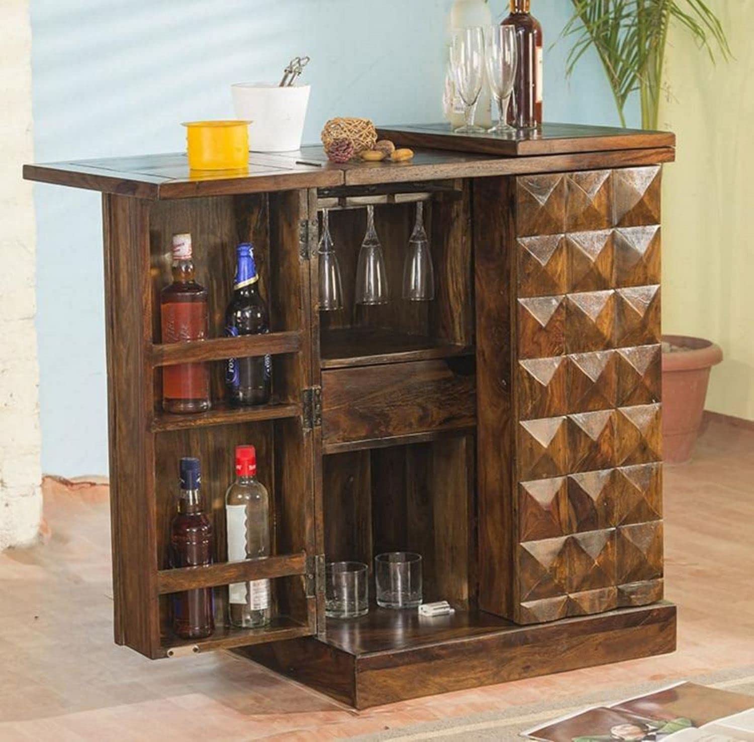 Goyal Handicraft Solid Sheesham Wooden Bar Cabinet with Storage Mini Bar Cabinet Wine Storage Rack Furniture for Living Room Home Hotel & Restaurant (Natural Finish)