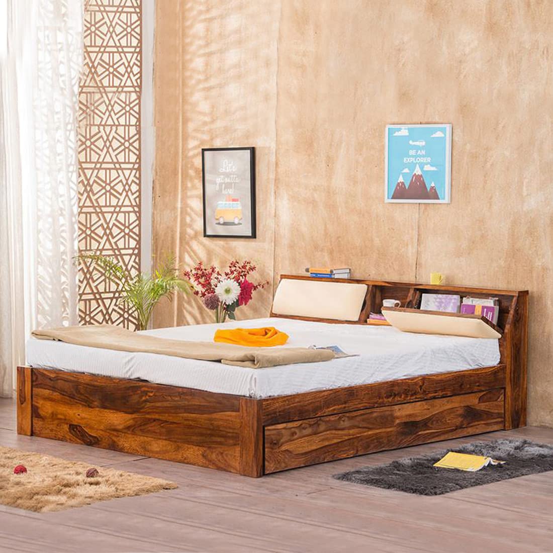 Sheesham Wood Queen Size Bed with Headboard and 4 Drawer Storage Wooden Double Bed Cot Palang Furniture for Bedroom Living Room Home