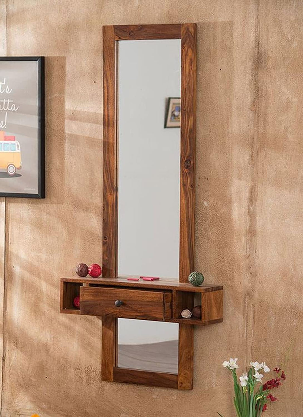 Solid Wood Wall Mounted Dressing Table with Mirror Wooden Makeup Vanity Table with 1 Drawer and 2 Shelf Storage for Bedroom Home