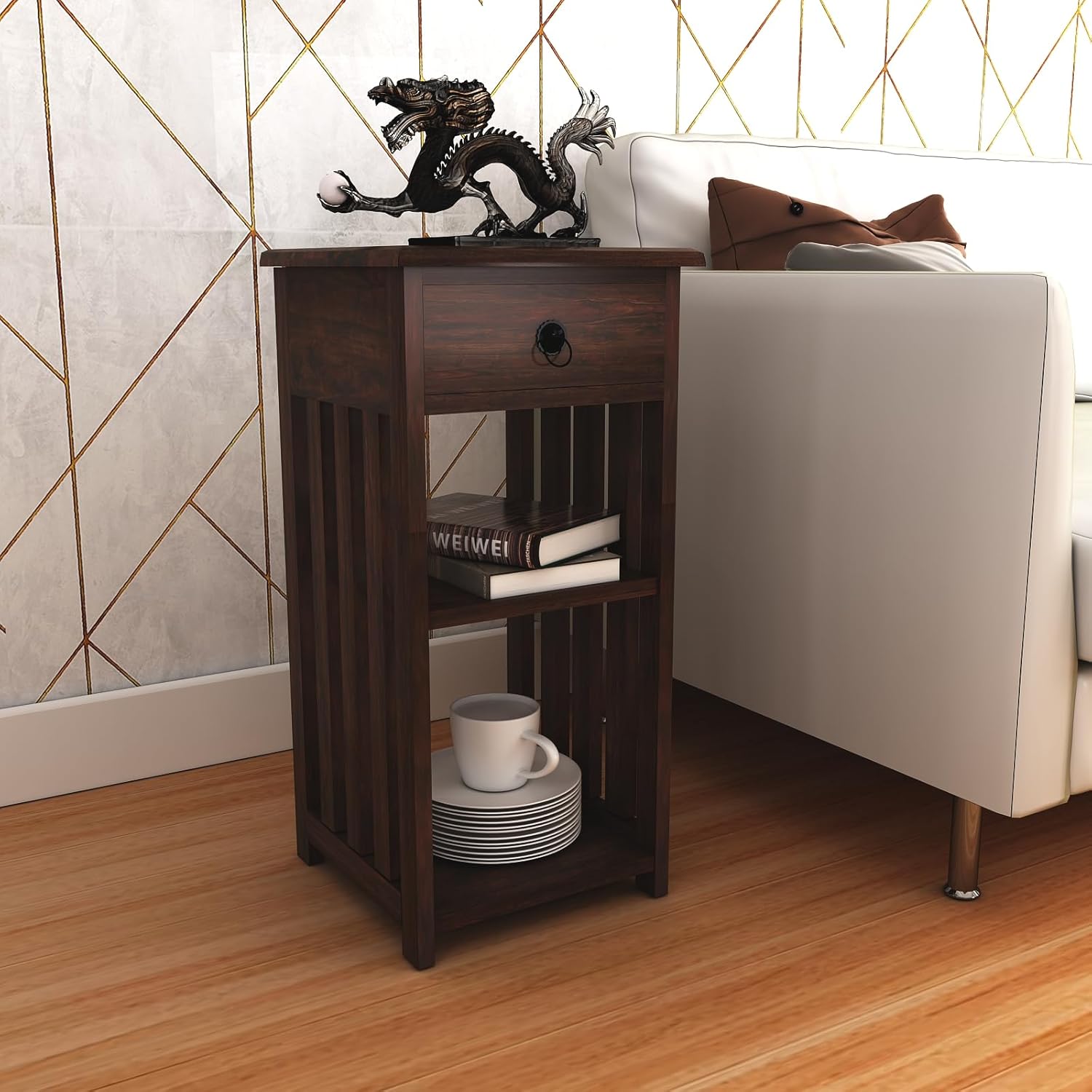 Sheesham Wood Bedside End Table with 2 Drawers and Open Shelf Storage for Bedroom Living Room Wooden Furniture Side Table for Hotel Room Office