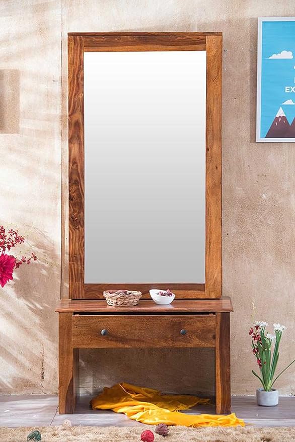 Goyal Handicraft Solid Wood Dressing Table with Mirror Wooden Makeup Vanity Table with 1 Drawer and Shelf Storage Furniture for Bedroom Living Room Home (Honey Finish)