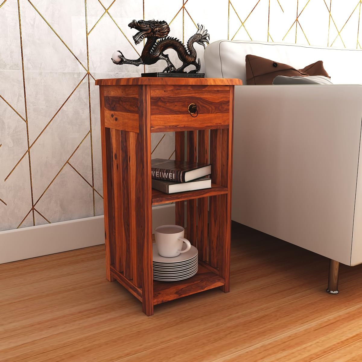 Sheesham Wood Bedside End Table with 2 Drawers and Open Shelf Storage for Bedroom Living Room Wooden Furniture Side Table for Hotel Room Office