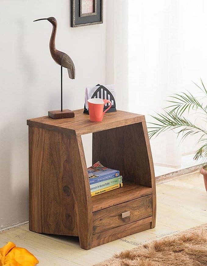 Sheesham Wood Bedside End Table With 1 Drawer And Shelf Storage