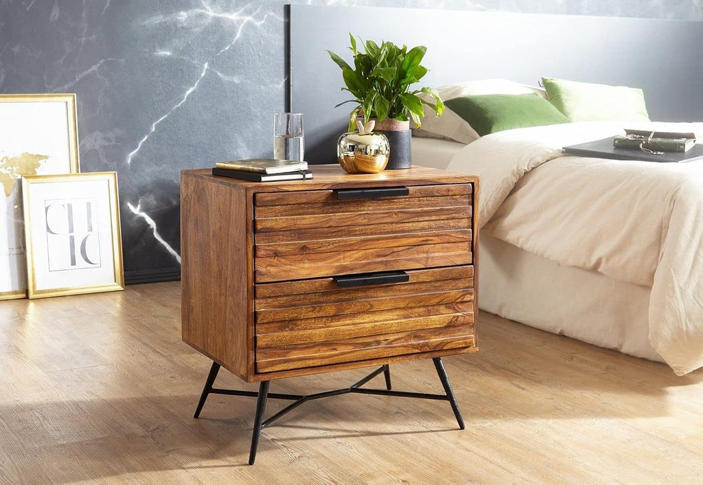 Sheesham Wood Bedside Table with 2 Drawers Storage Wooden Sofa Side Table Night Stand End Table Furniture for Bedroom Living Room Home Office