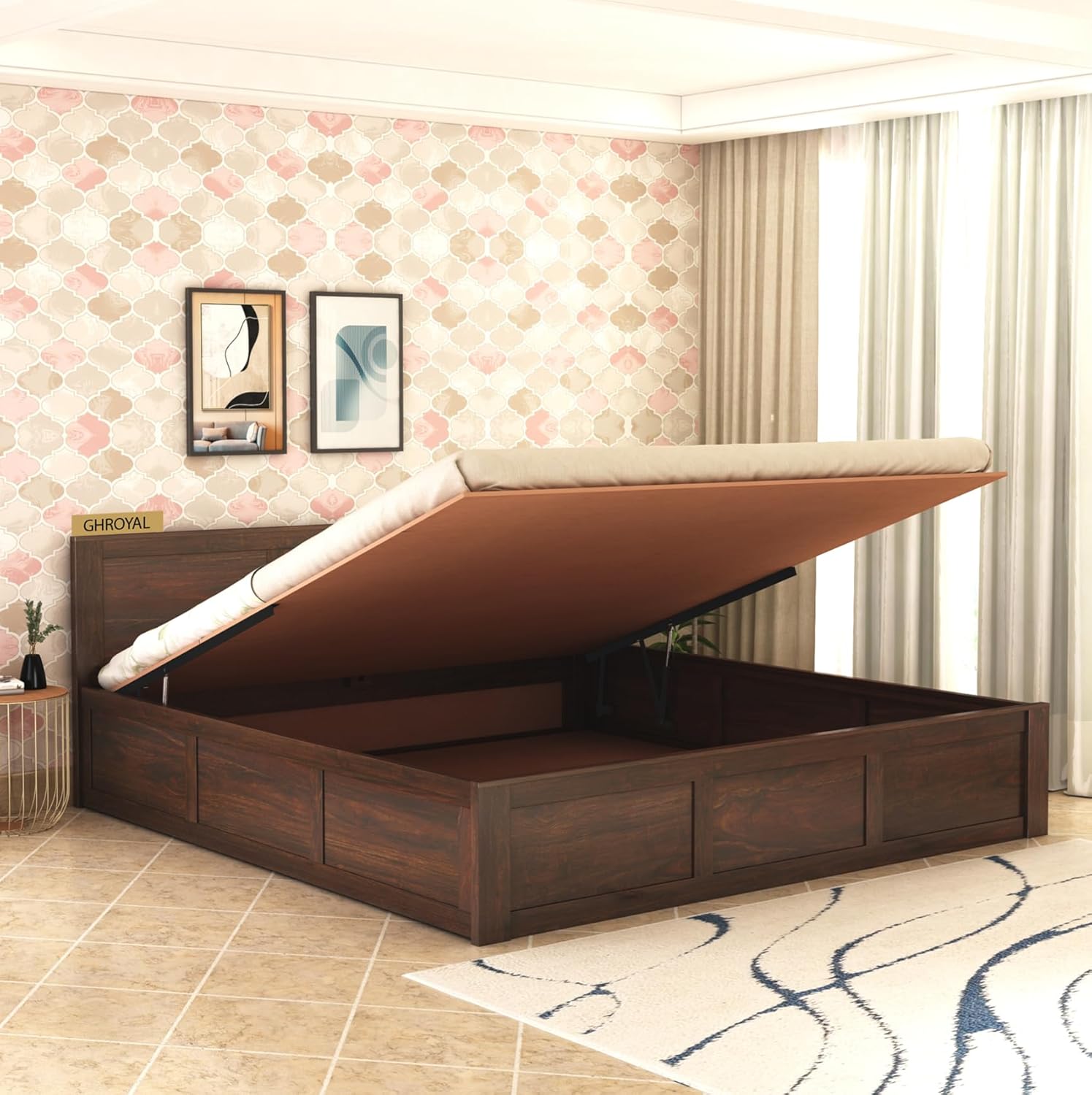 Sheesham Wood Queen Size Bed with Hydraulic Storage for Bedroom Living Room Home Hotel Furniture Wooden Double Bed Cot Palang for Guest Room