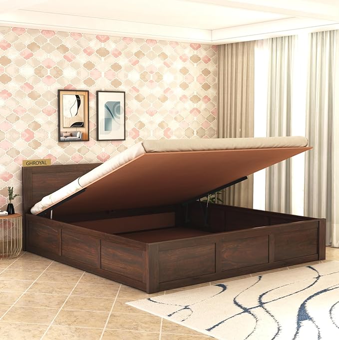 Goyal Handicraft Sheesham Wood Queen Size Bed with Hydraulic Storage for Bedroom Living Room Home Hotel Furniture Wooden Double Bed Cot Palang for Guest Room (Walnut Finish) | 1 Year Warranty