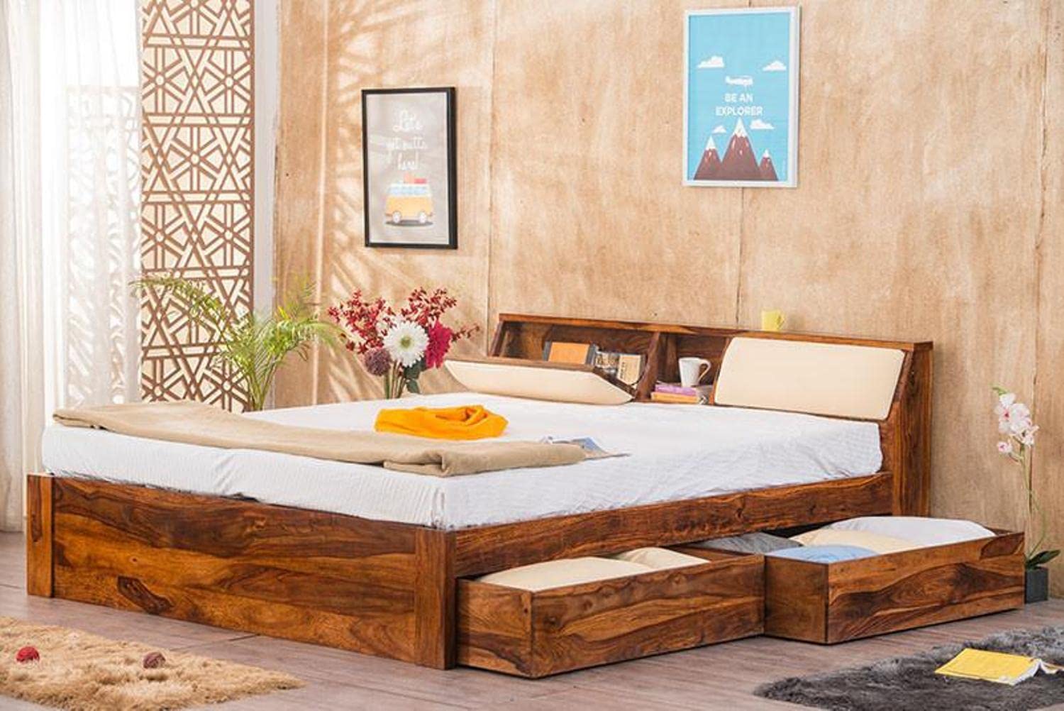 Sheesham Wood King Size Bed with Drawer Storage for Bedroom Living Room Hotel Home Furniture Wooden Double Bed Cot Palang