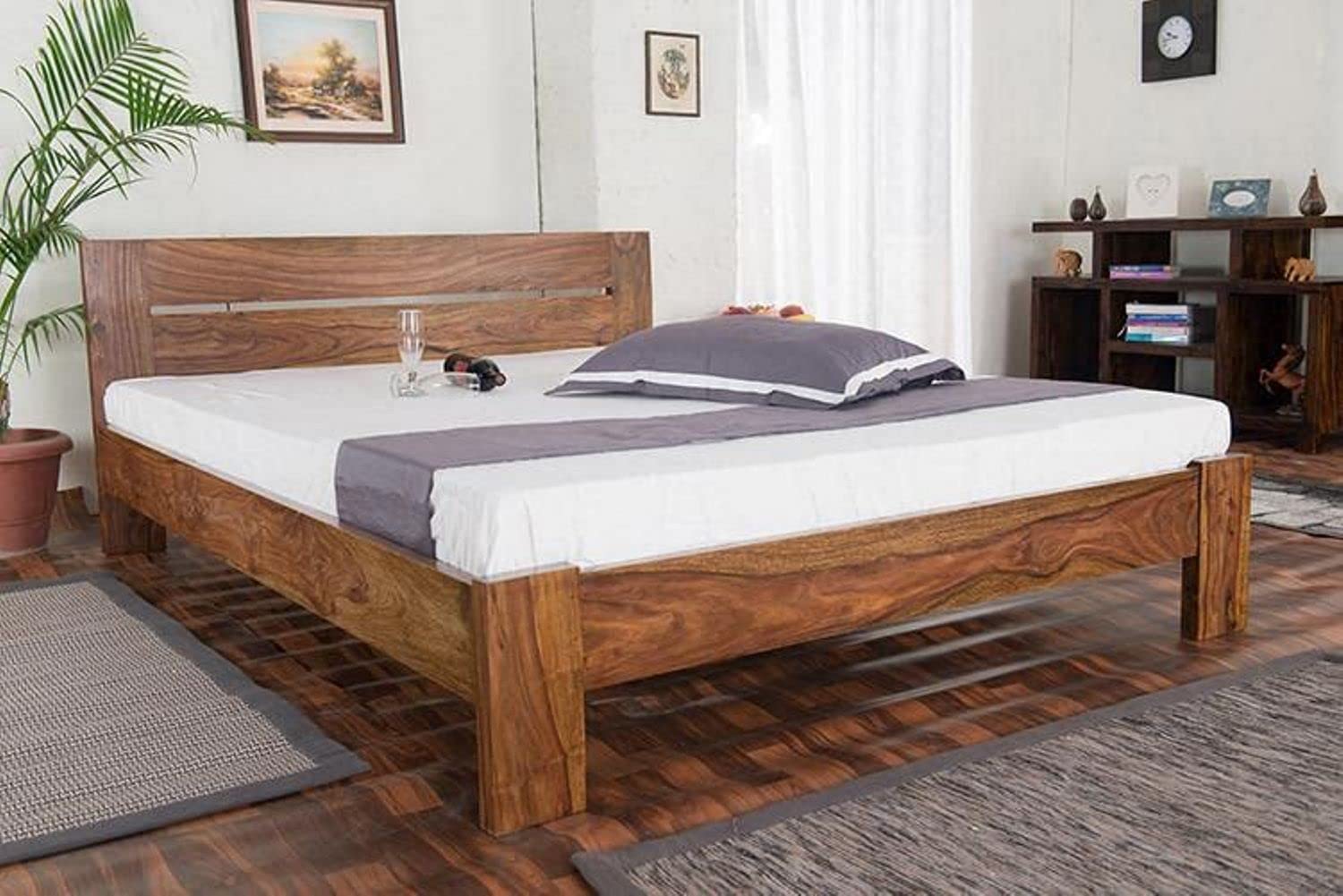 Goyal Handicraft Sheesham Wood Queen Size Double Bed Without Storage for Bedroom Living Room Hotel Wooden Cot Palang Furniture (Stone Finish) | 1 Year Warranty