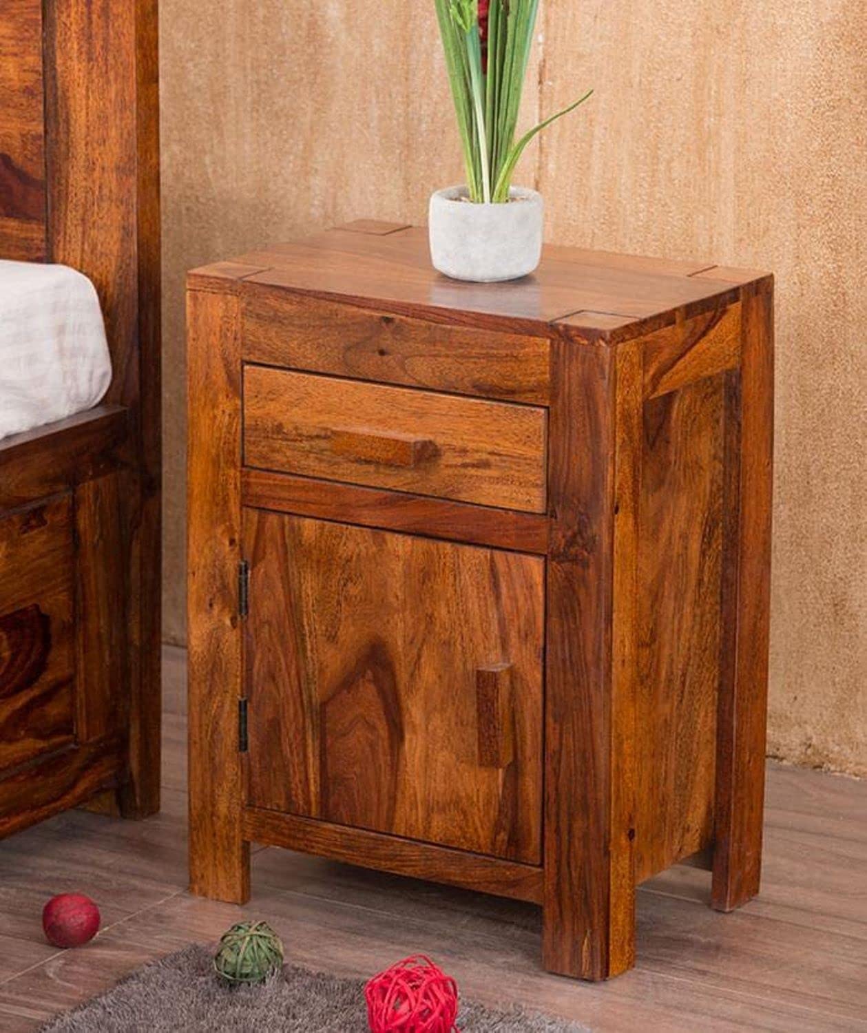 Sheesham Wood Bedside Table with Cabinet Storage Night Stand Sofa Side Table End Table Furniture for Living Room Home Office