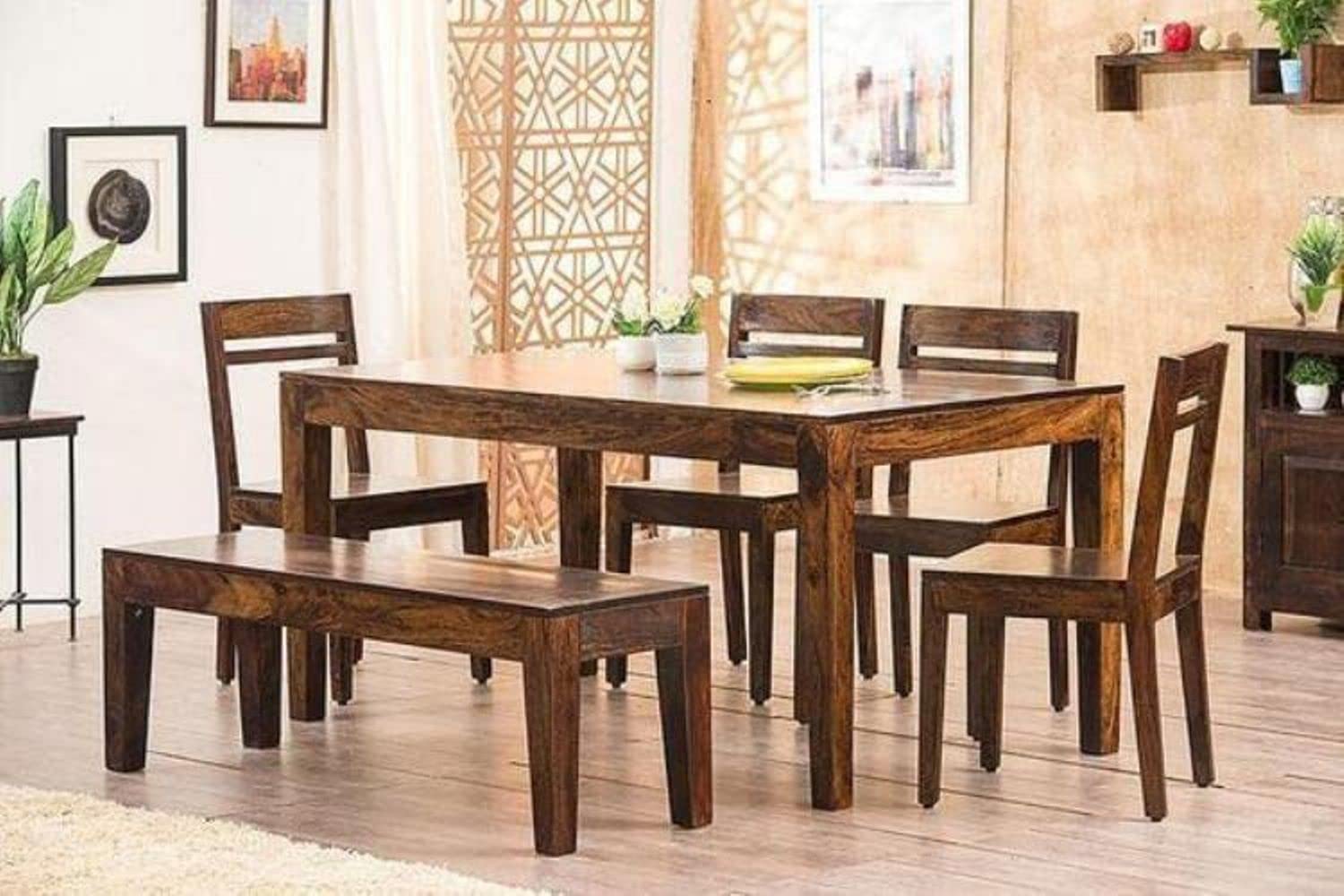 Goyal Handicraft Solid Sheesham Wood 6 Seater Dining Table with 4 Chairs and Bench Wooden Dinner Table Furniture Set for Living Room Hall Home & Office (Honey Finish)