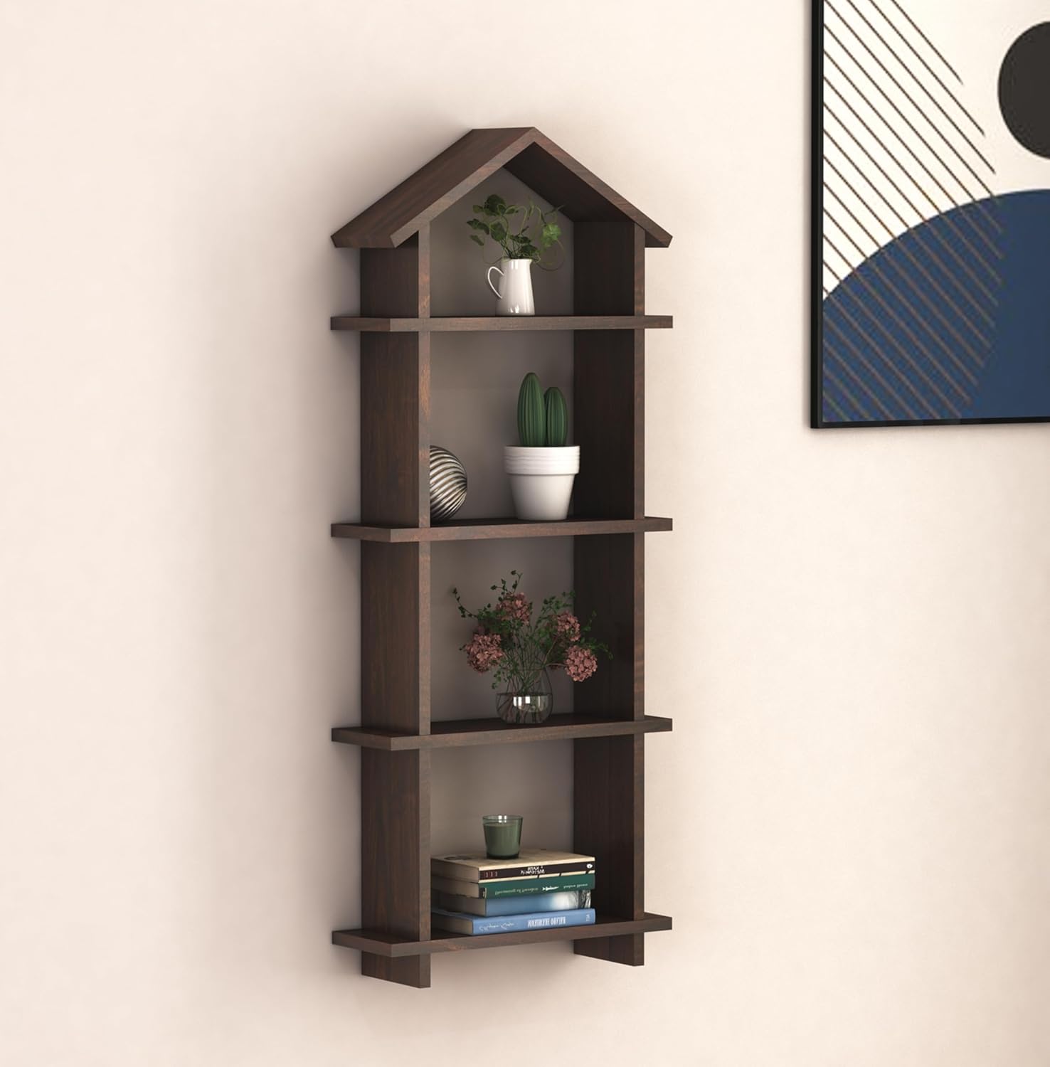 GHROYAL Sheesham Wood Hut Shape Wall Shelves Wall Mounted Display Rack Storage Organizer Corner Hanging Shelf for Living Room Bedroom Home Office D�cor