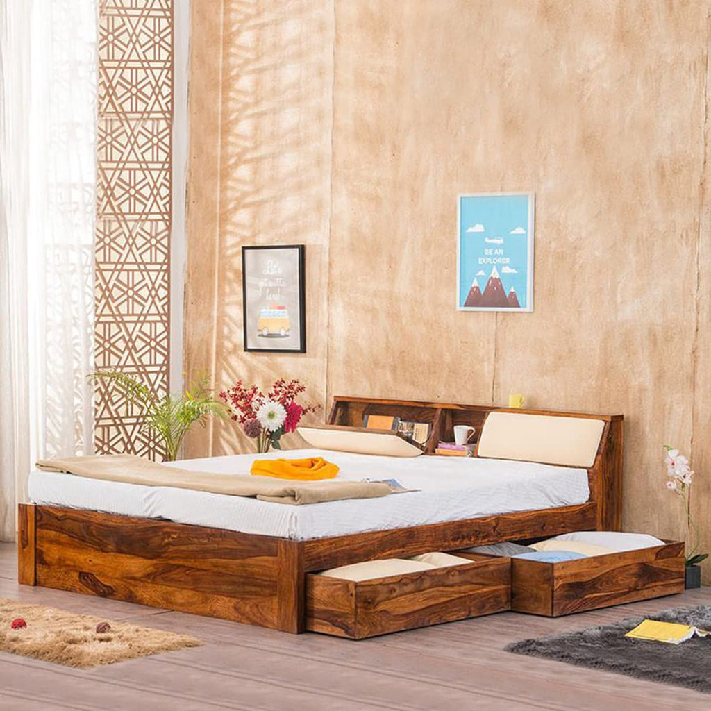 Sheesham Wood Queen Size Bed with Headboard and 4 Drawer Storage Wooden Double Bed Cot Palang Furniture for Bedroom Living Room Home