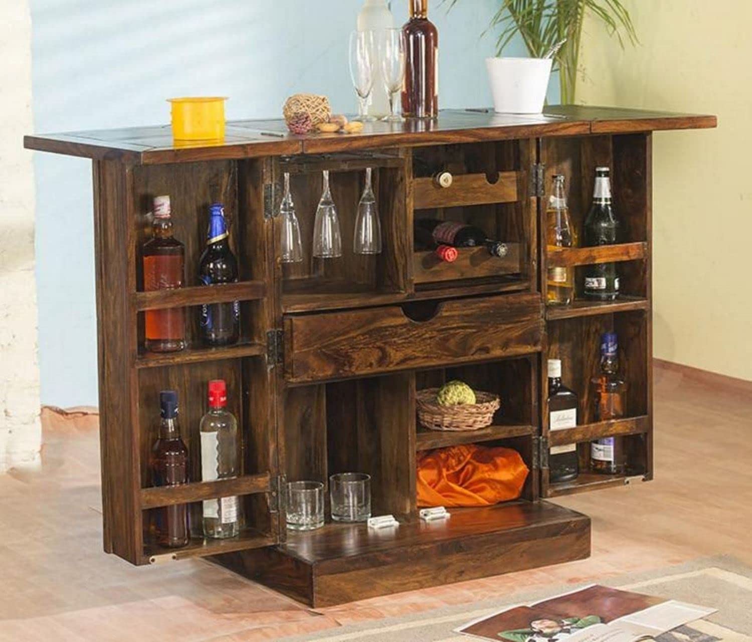 Goyal Handicraft Solid Sheesham Wooden Bar Cabinet with Storage Mini Bar Cabinet Wine Storage Rack Furniture for Living Room Home Hotel & Restaurant (Natural Finish)