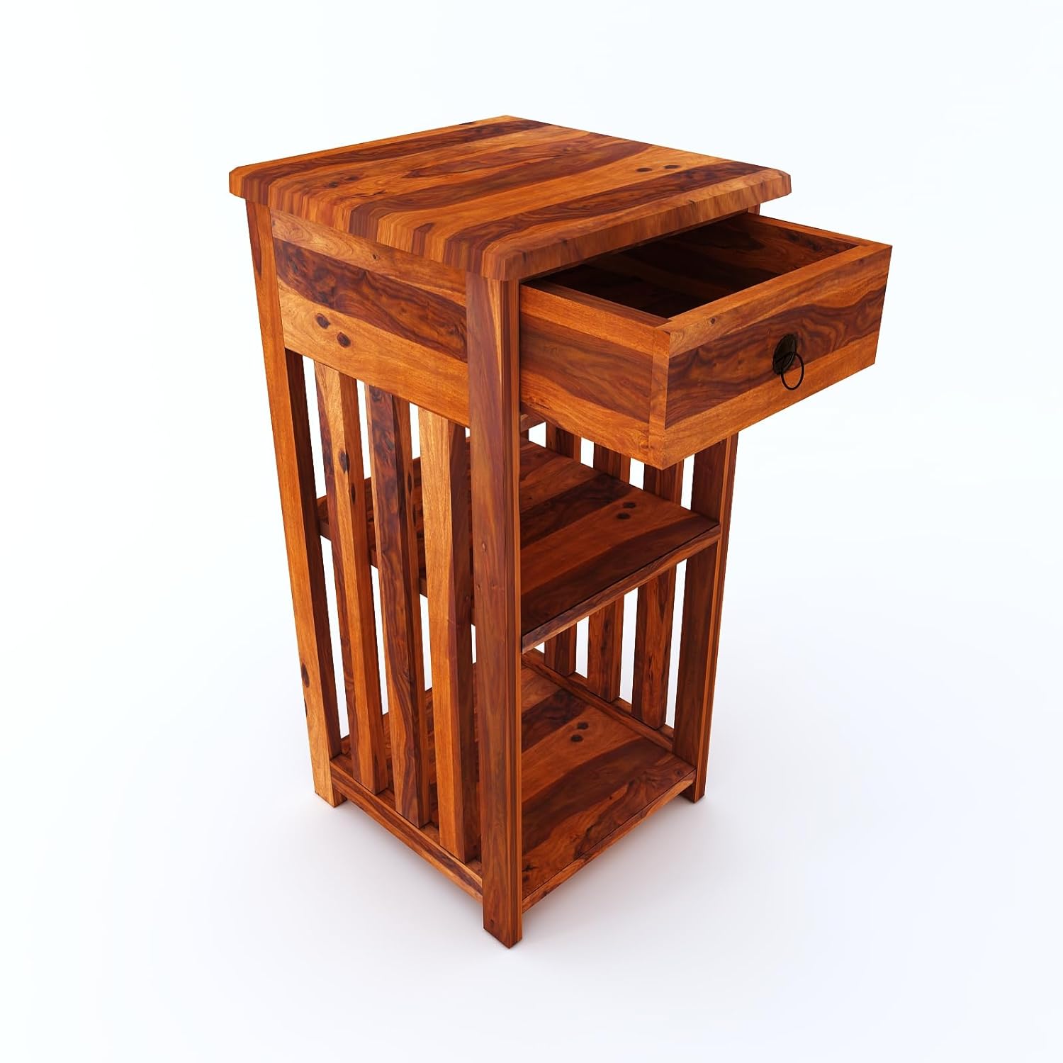 Sheesham Wood Bedside End Table with 2 Drawers and Open Shelf Storage for Bedroom Living Room Wooden Furniture Side Table for Hotel Room Office
