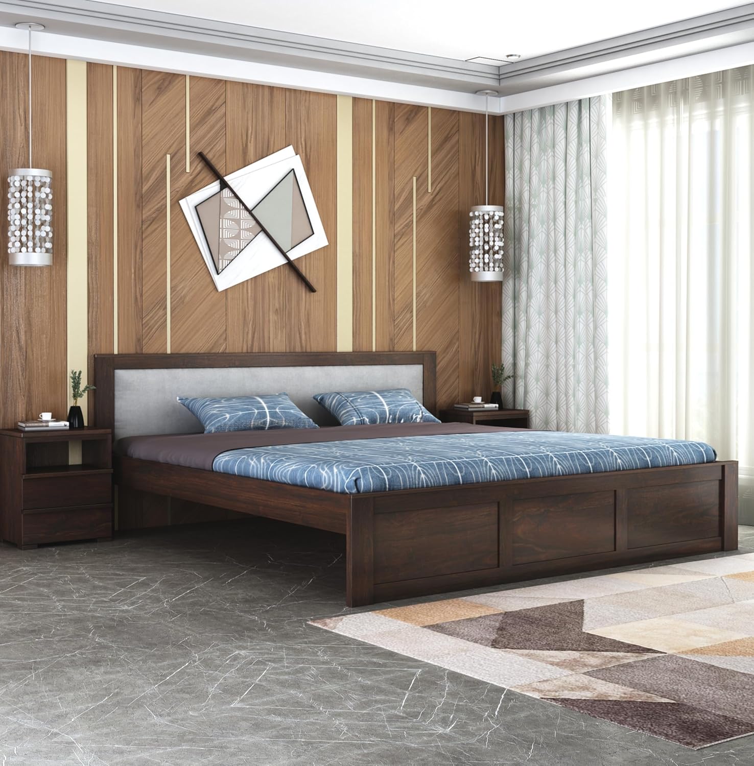 Sheesham Wood Queen Size Bed Without Storage Wooden Headboard Cushion Cot Double Bed Furniture for Bedroom Living Room Home