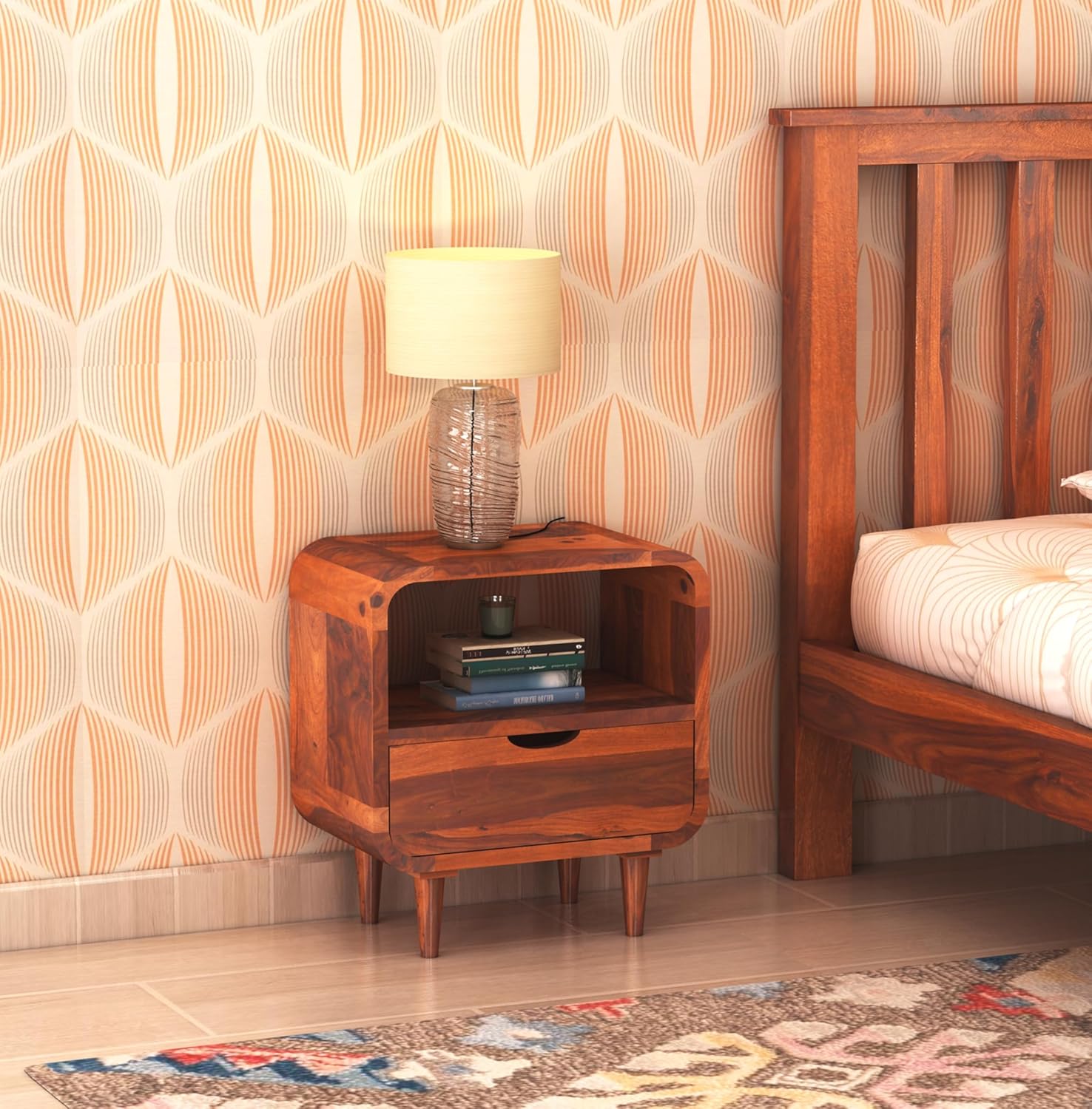Sheesham Wood Bedside End Table with 2 Drawers and Open Shelf Storage for Bedroom Living Room Wooden Furniture Side Table for Hotel Room Office