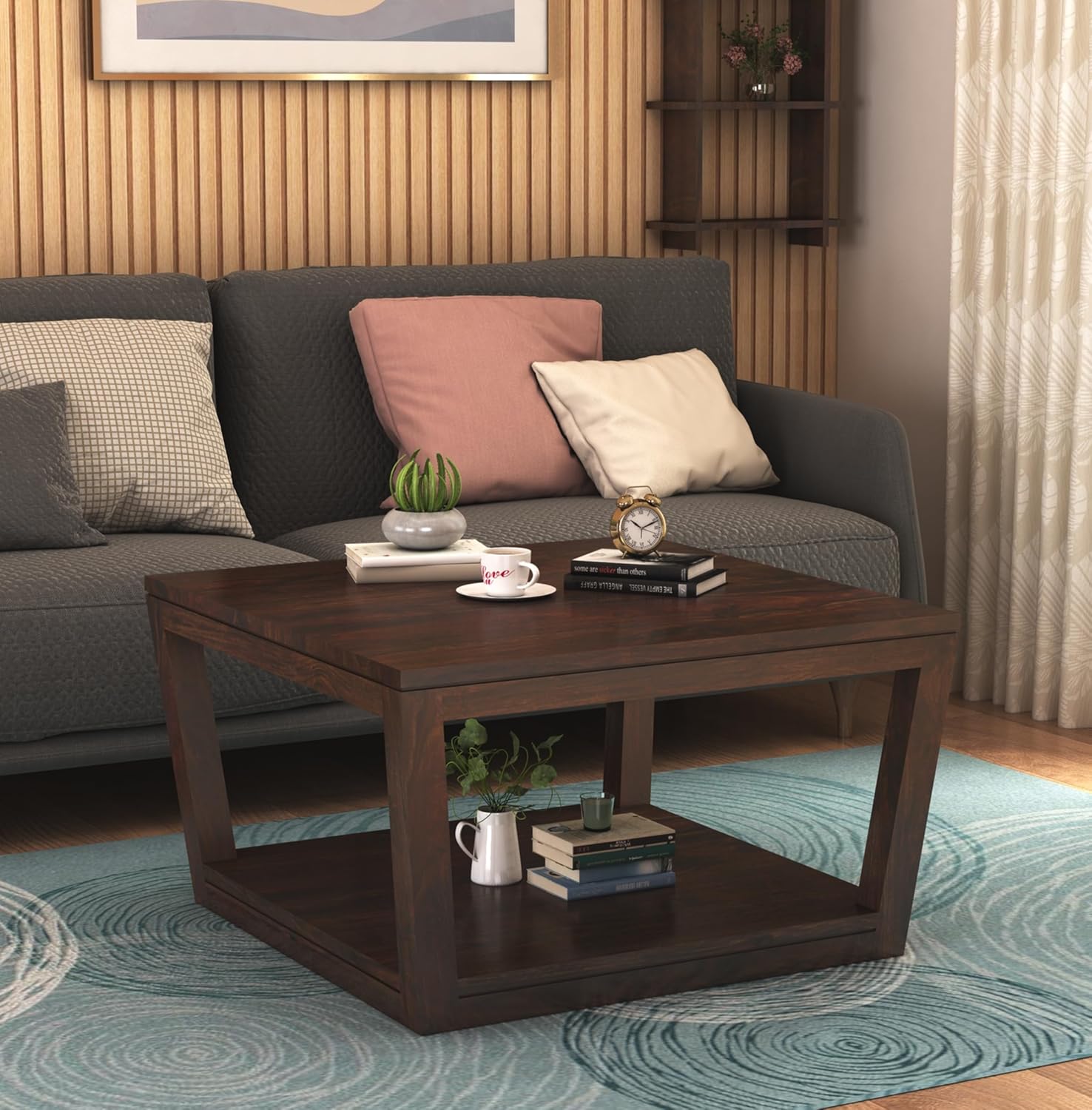 Sheesham Wood Coffee Table with Open Shelf Storage Wooden Tea Tables Solid Wood Center Table Furniture for Bedroom Living Room Home Office