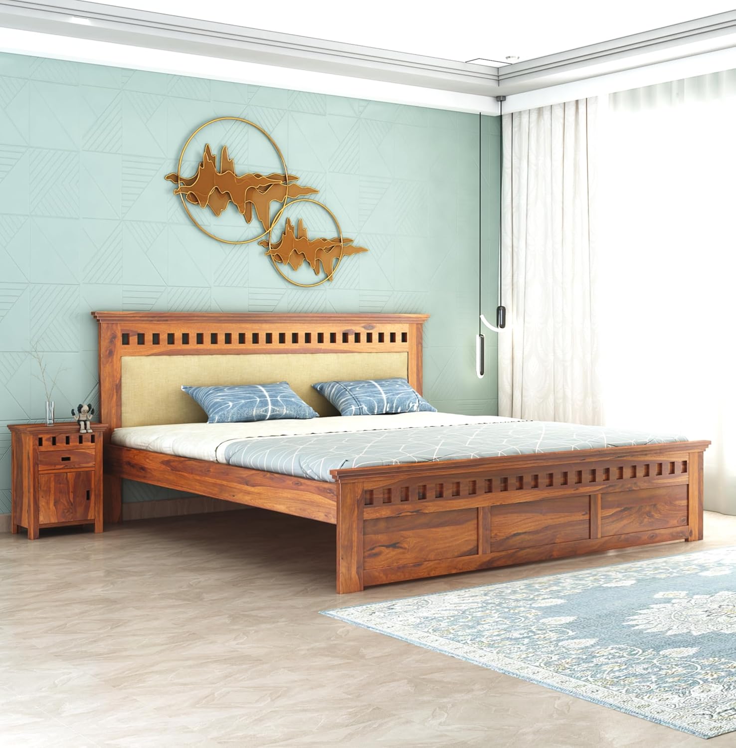Sheesham Wood Kuber King Size Bed Without Storage Wooden Headboard Cushion Cot Double Bed Furniture for Bedroom Living Room Home