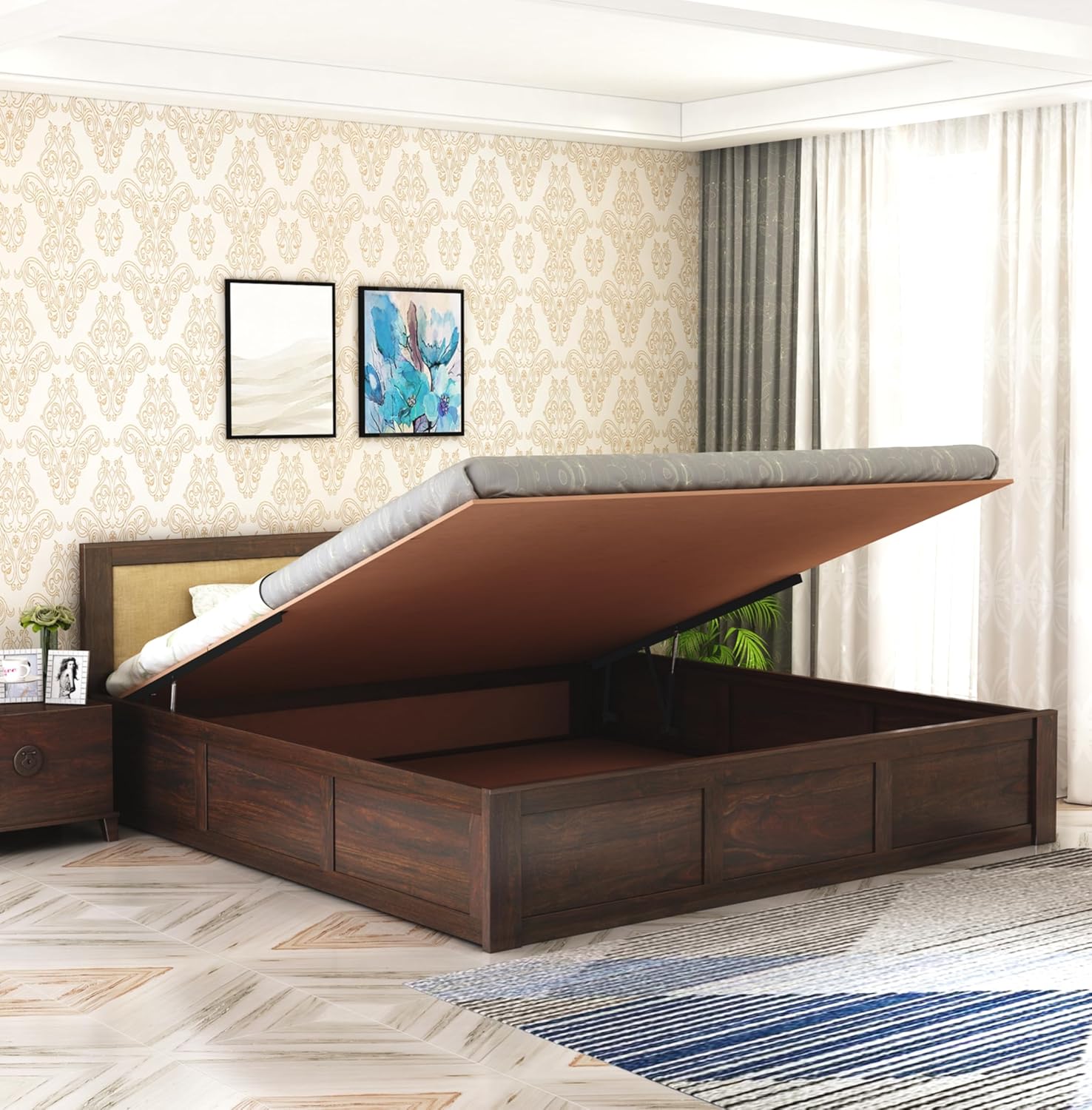 Sheesham Wood Queen Size Bed with Hydraulic Storage for Bedroom Living Room Home Hotel Furniture Wooden Double Bed Cot Palang for Guest Room