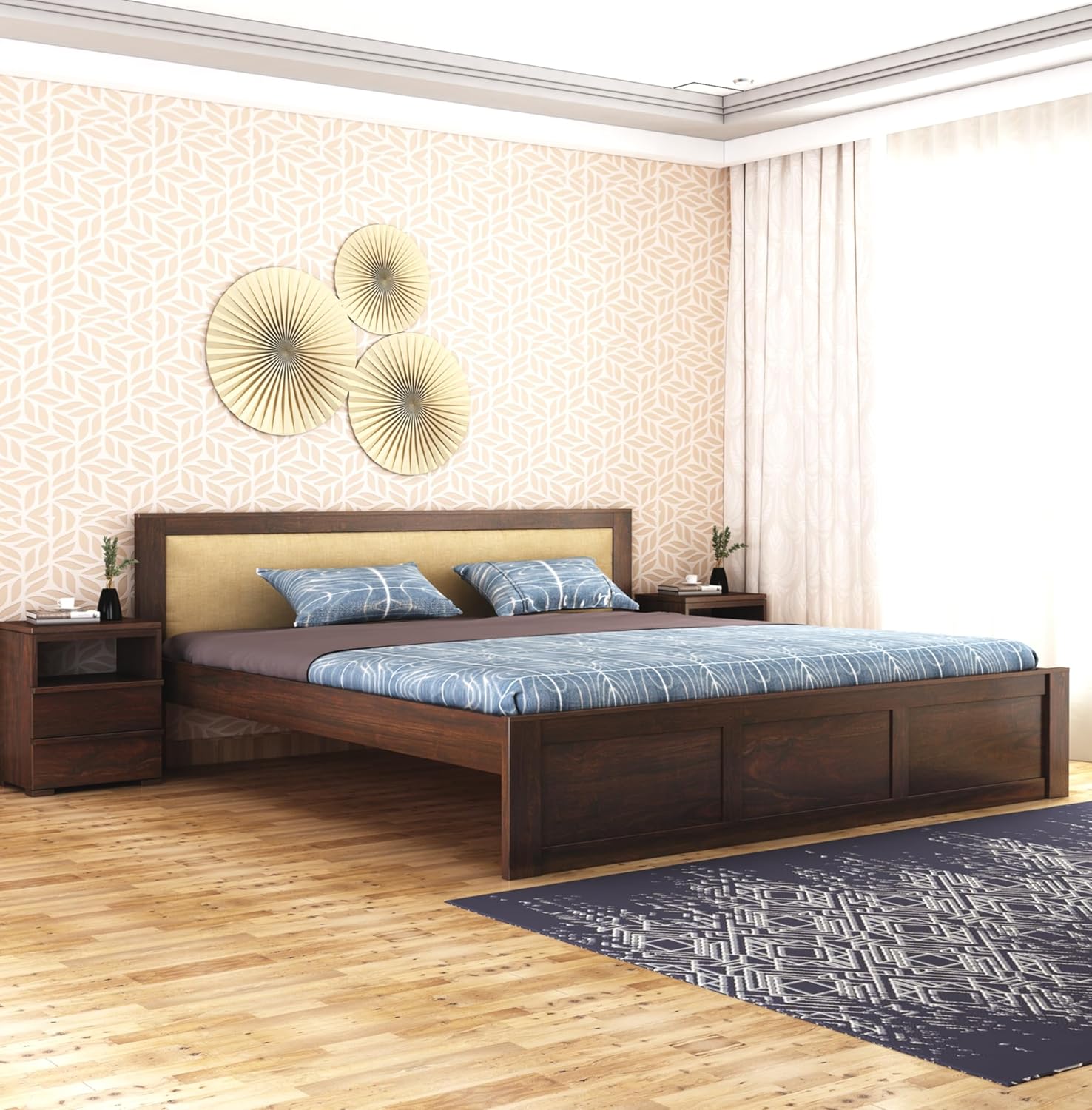 Sheesham Wood Queen Size Bed Without Storage Wooden Headboard Cushion Cot Double Bed Furniture for Bedroom Living Room Home