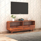Sheesham Wood Sideboard Low Height TV Cabinet/TV Stand for Living Room & Bedroom | Wooden Free Standing TV Unit Side Board Table with 2 Drawer & Shelf Storage