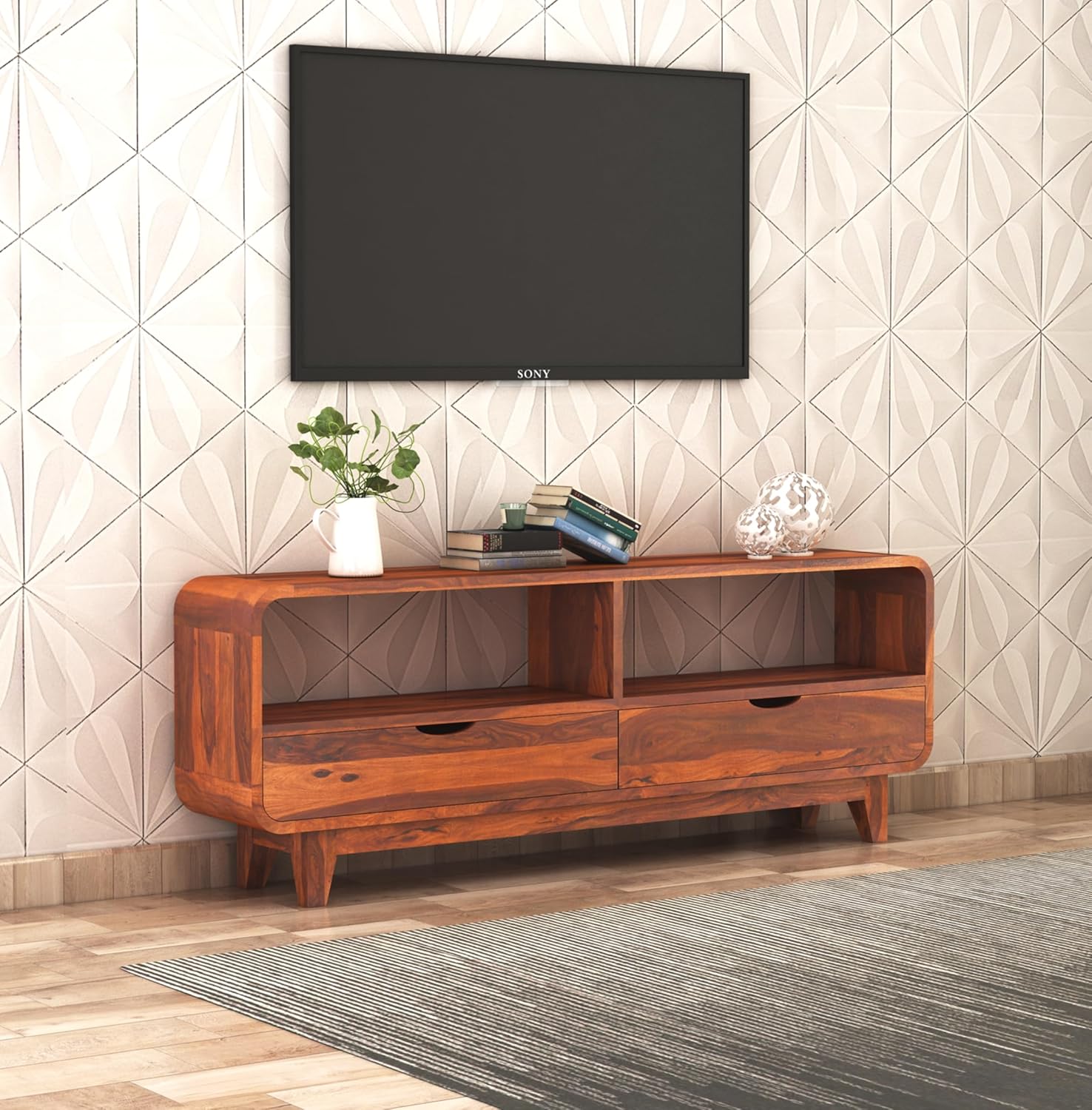 Sheesham Wood Sideboard Low Height TV Cabinet/TV Stand for Living Room & Bedroom | Wooden Free Standing TV Unit Side Board Table with 2 Drawer & Shelf Storage
