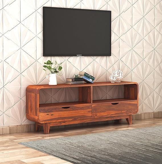 Goyal Handicraft Solid Sheesham Wood Sideboard Low Height TV Cabinet/TV Stand for Living Room & Bedroom | Wooden Free Standing TV Unit Side Board Table with 2 Drawer & Shelf Storage (Honey Finish)