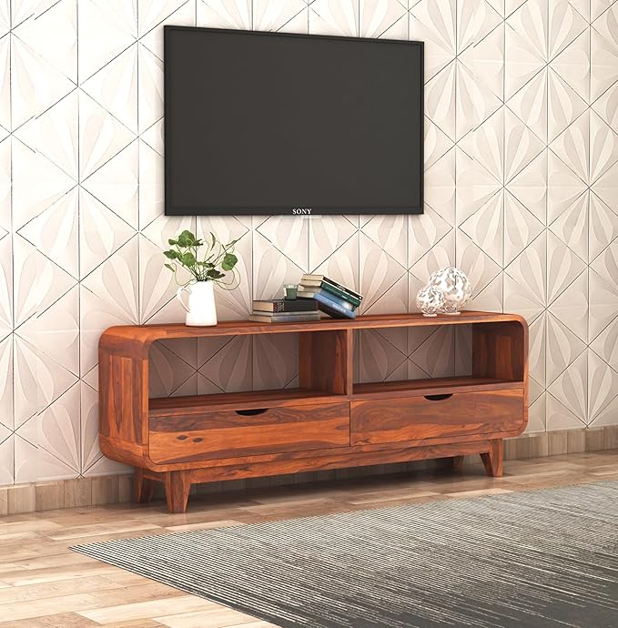 Goyal Handicraft Solid Sheesham Wood Sideboard Low Height TV Cabinet/TV Stand for Living Room & Bedroom | Wooden Free Standing TV Unit Side Board Table with 2 Drawer & Shelf Storage(145x27x53 CM, Honey Finish)