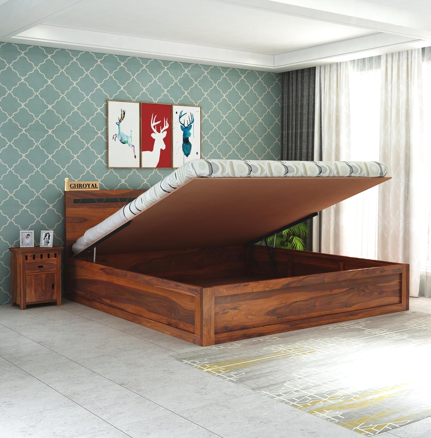 Sheesham Wood Queen Size Bed with Storage for Bedroom Living Room Home Hotel Bed with Headboard Pannel Wooden Double Bed Cot Palang Furniture