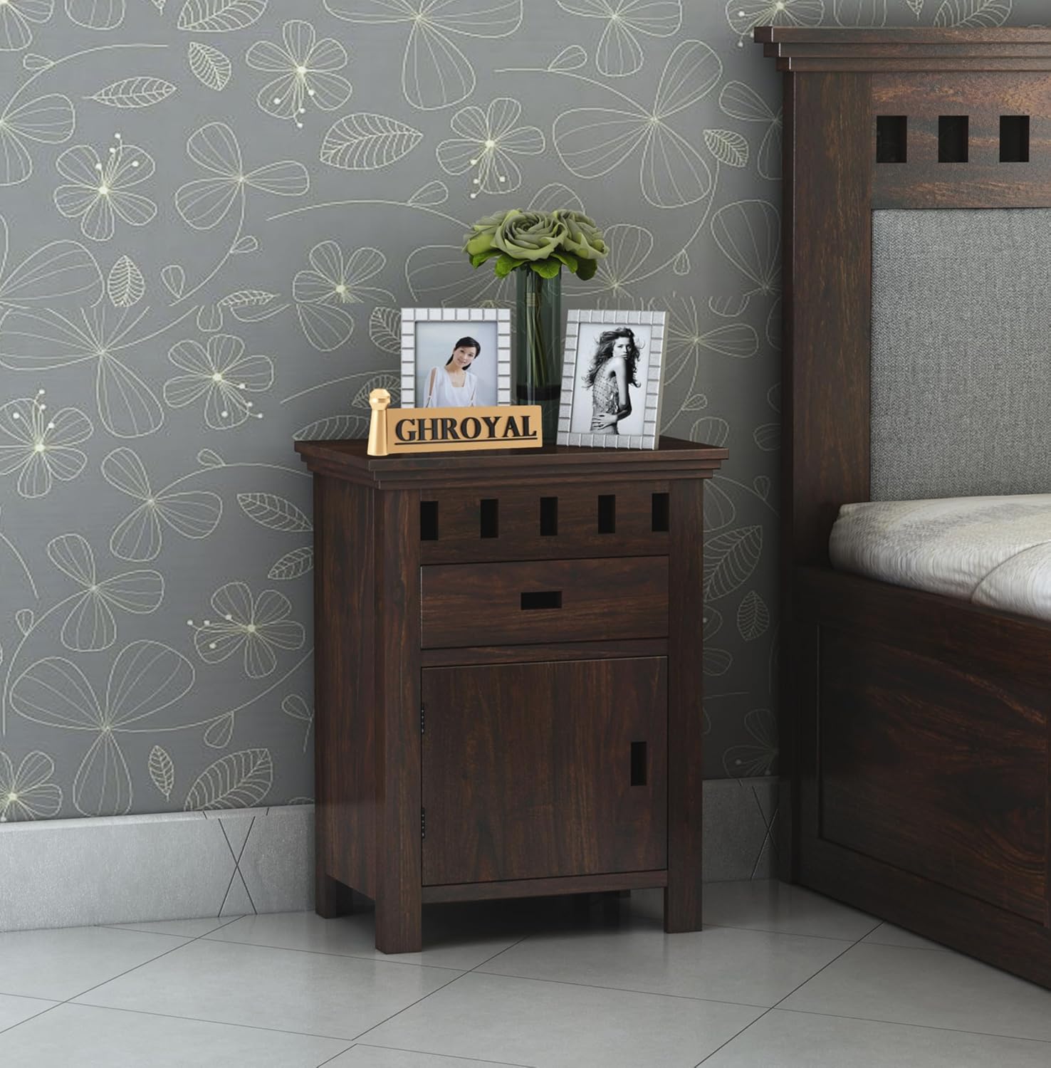 Sheesham Wood Bedside Table with One Drawer and Cabinet Storage for Bedroom, Living Room, Office Nightstand Sofa Side Table End Table Furniture
