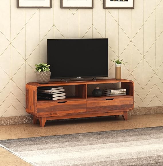 Goyal Handicraft Solid Sheesham Wood Sideboard Low Height TV Cabinet/TV Stand for Living Room & Bedroom | Wooden Free Standing TV Unit Side Board Table with 2 Drawer & Shelf Storage (Honey Finish)