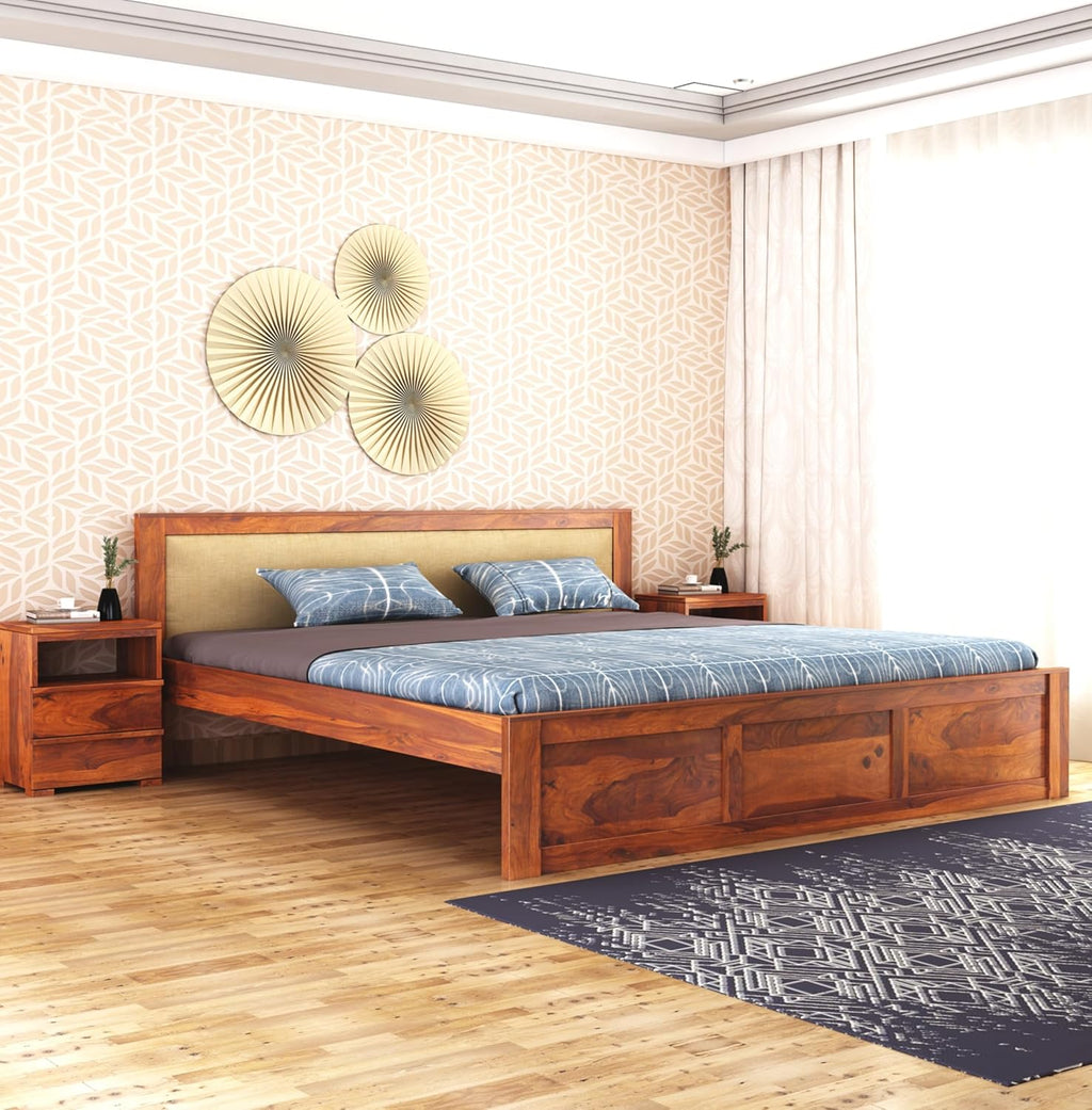Sheesham Wood King Size Bed Without Storage Wooden Headboard Cushion Cot Double Bed Furniture for Bedroom Living Room Home