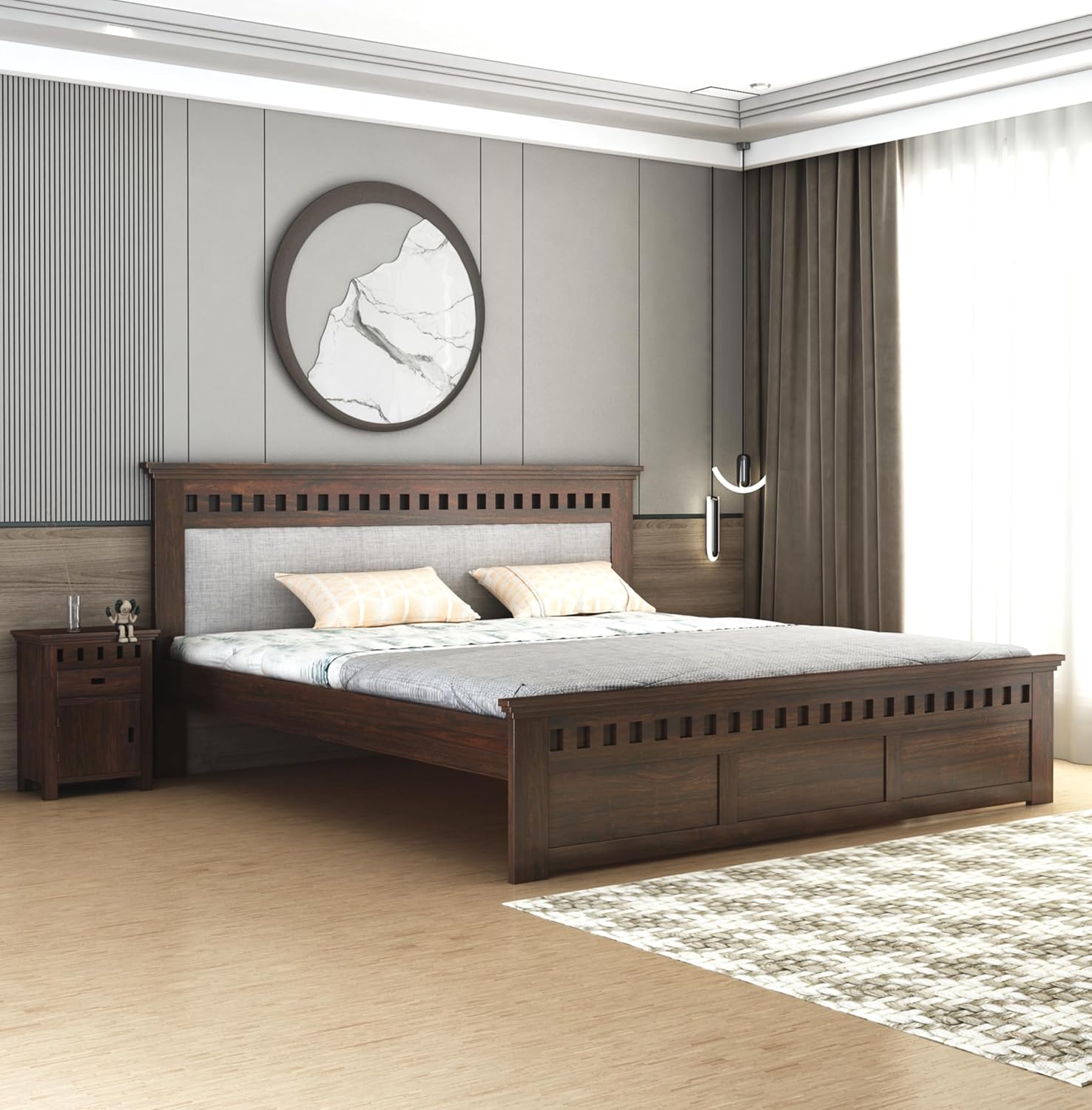 Sheesham Wood Kuber King Size Bed Without Storage Wooden Headboard Cushion Cot Double Bed Furniture for Bedroom Living Room Home