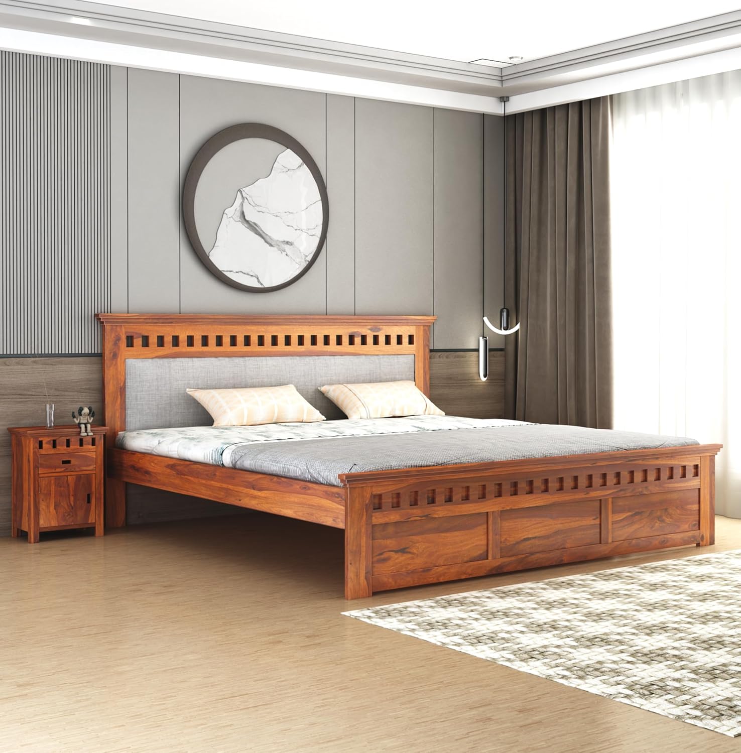 Sheesham Wood Kuber King Size Bed Without Storage Wooden Headboard Cushion Cot Double Bed Furniture for Bedroom Living Room Home