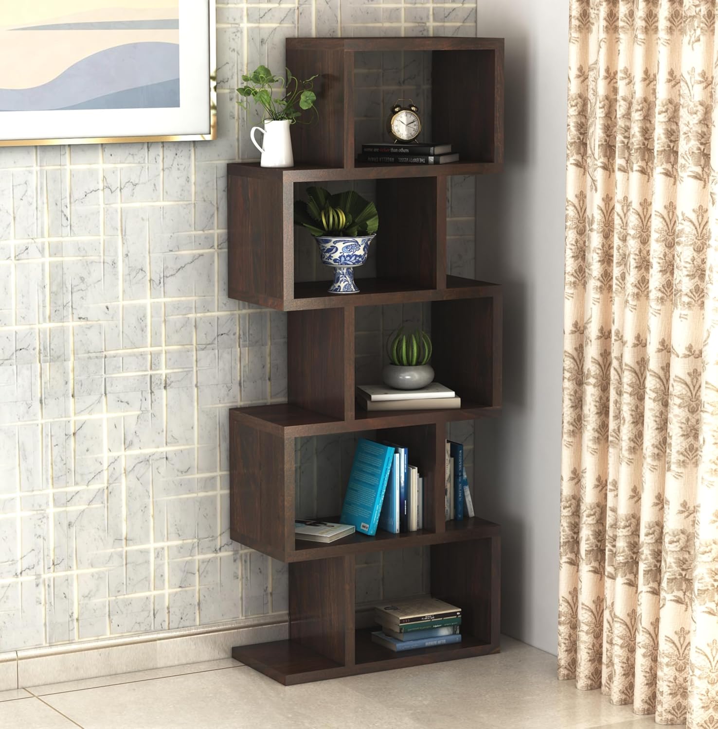 Sheesham Wood Zig Zag Shape 5 Tier Open Book Shelf for Living Rooms Office Home Bookcase Wooden Display Shelves Furniture